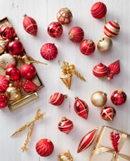 Assorted red and gold Christmas ornaments