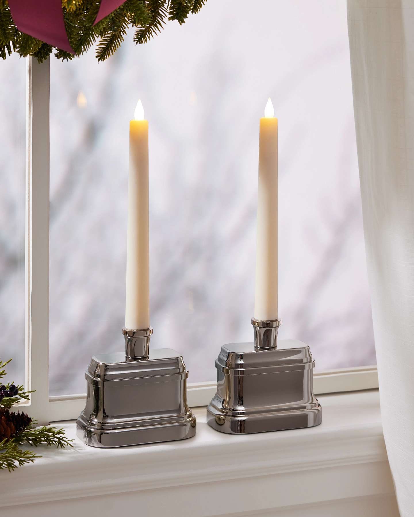 Silver Antiqued Miracle Flame Premium 3D LED Window Candles, Set of 2