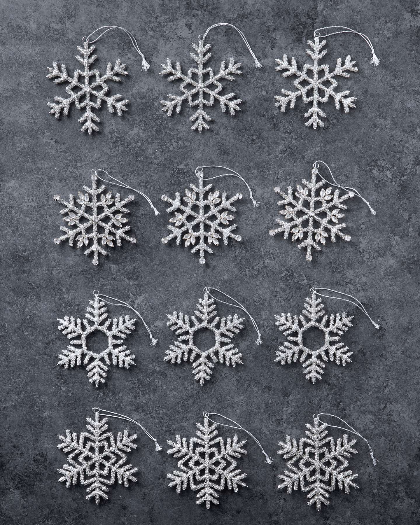 Balsam Hill Beaded Snowflake Christmas Ornament Set of 12 Full Display