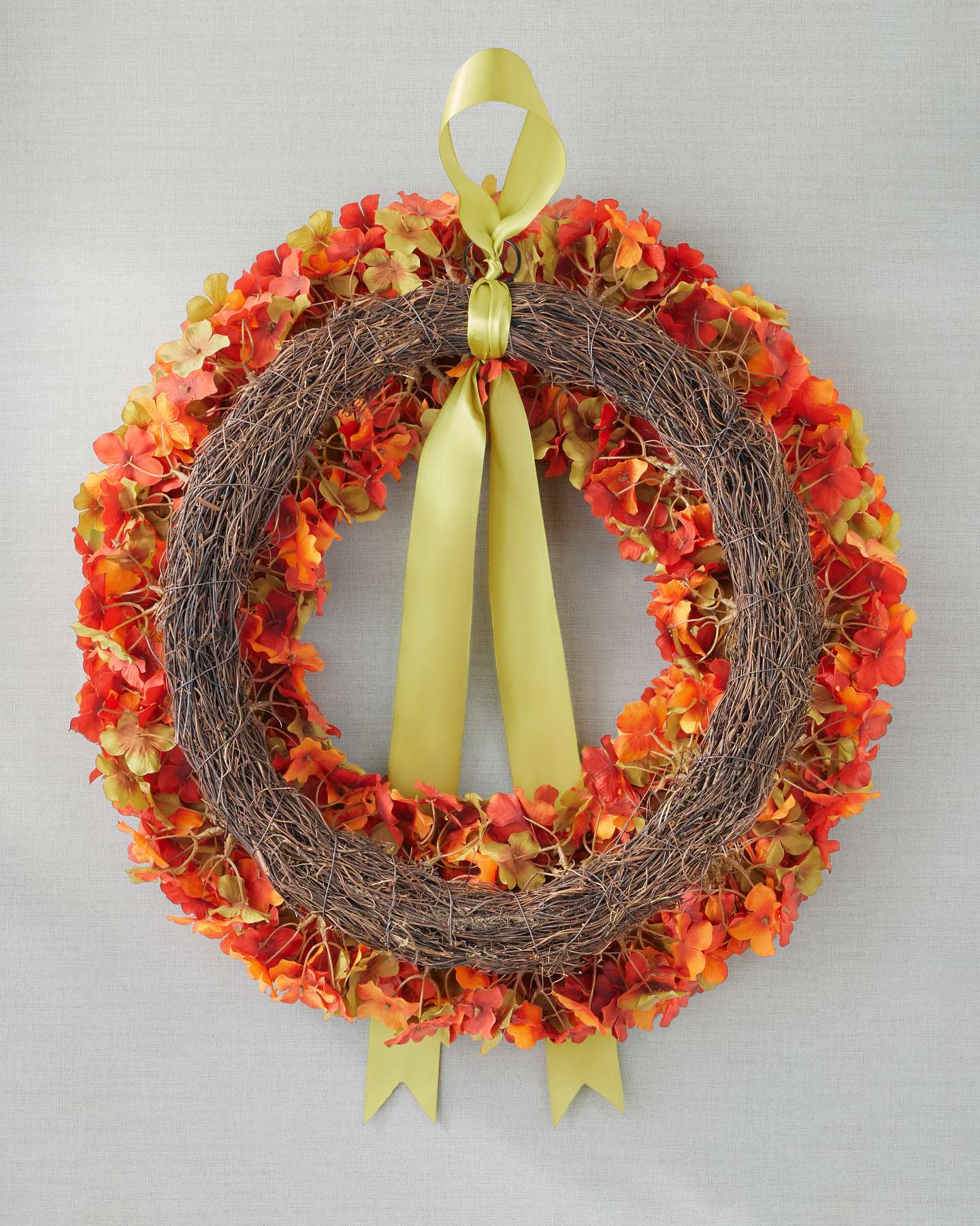 Balsam Hill 22 Inch Orange Rustic Hydrangea Artificial Fall Wreath Close-Up