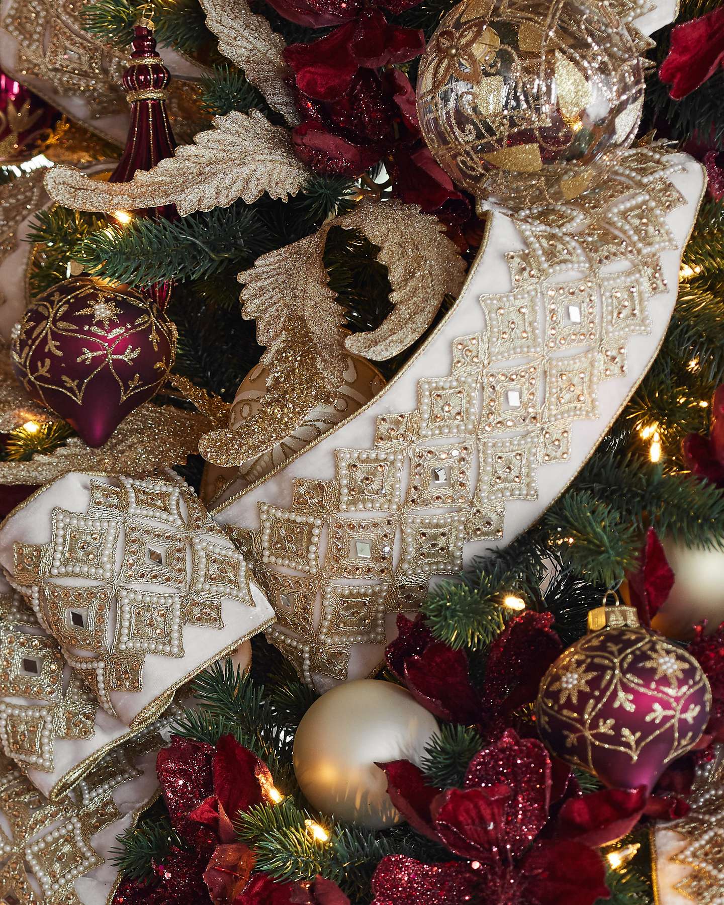 Balsam Hill Gilded Glory Artificial Christmas Tree Ribbon in Ivory Gold on Decorated Artificial Christmas Tree