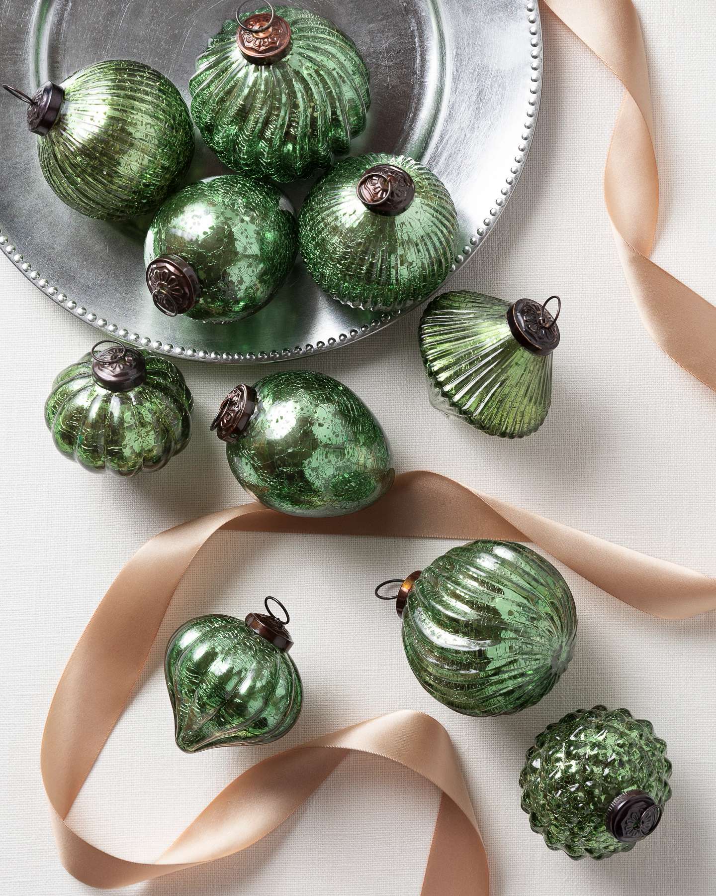 Balsam Hill Green BH Essentials Mercury Glass Christmas Ornaments Set of 12 Display