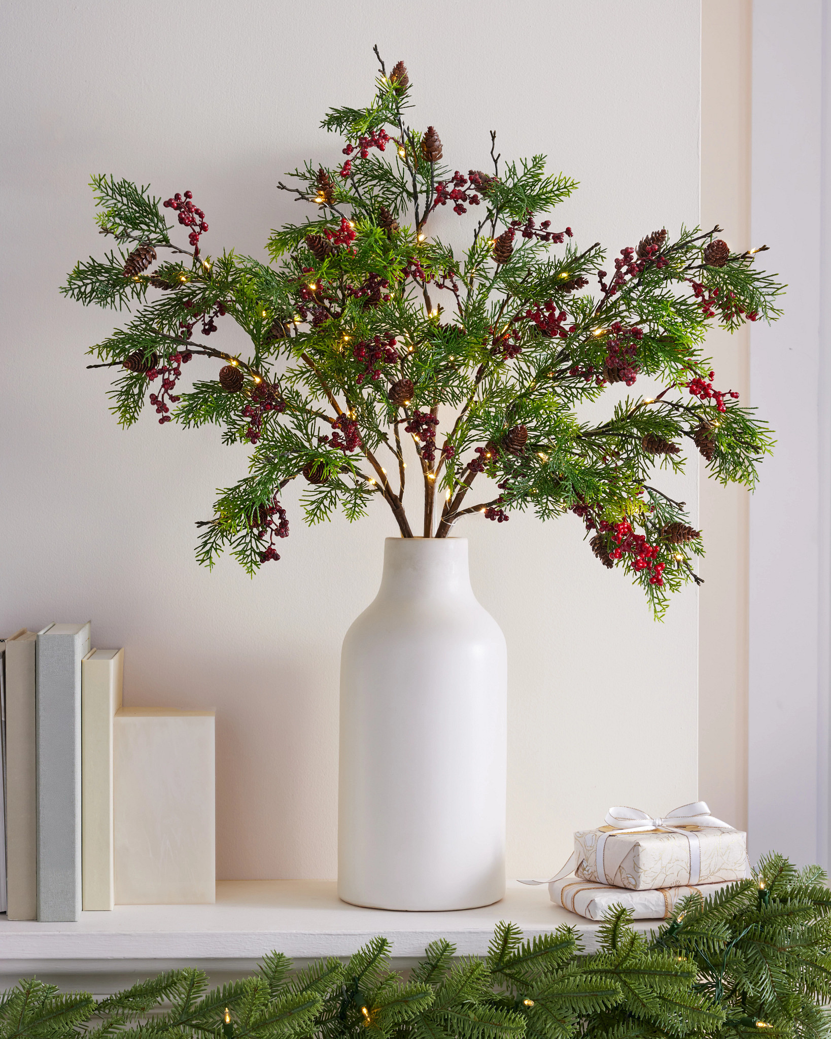 Lit Red Berry Pine Branch Set