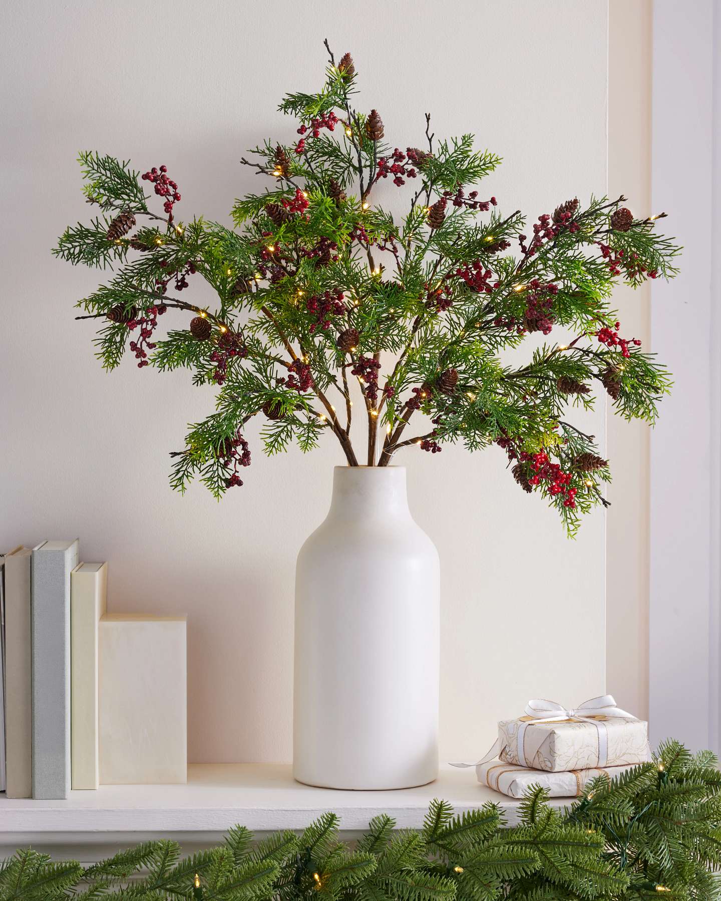 Lit Red Berry Pine Branches, Set of 3