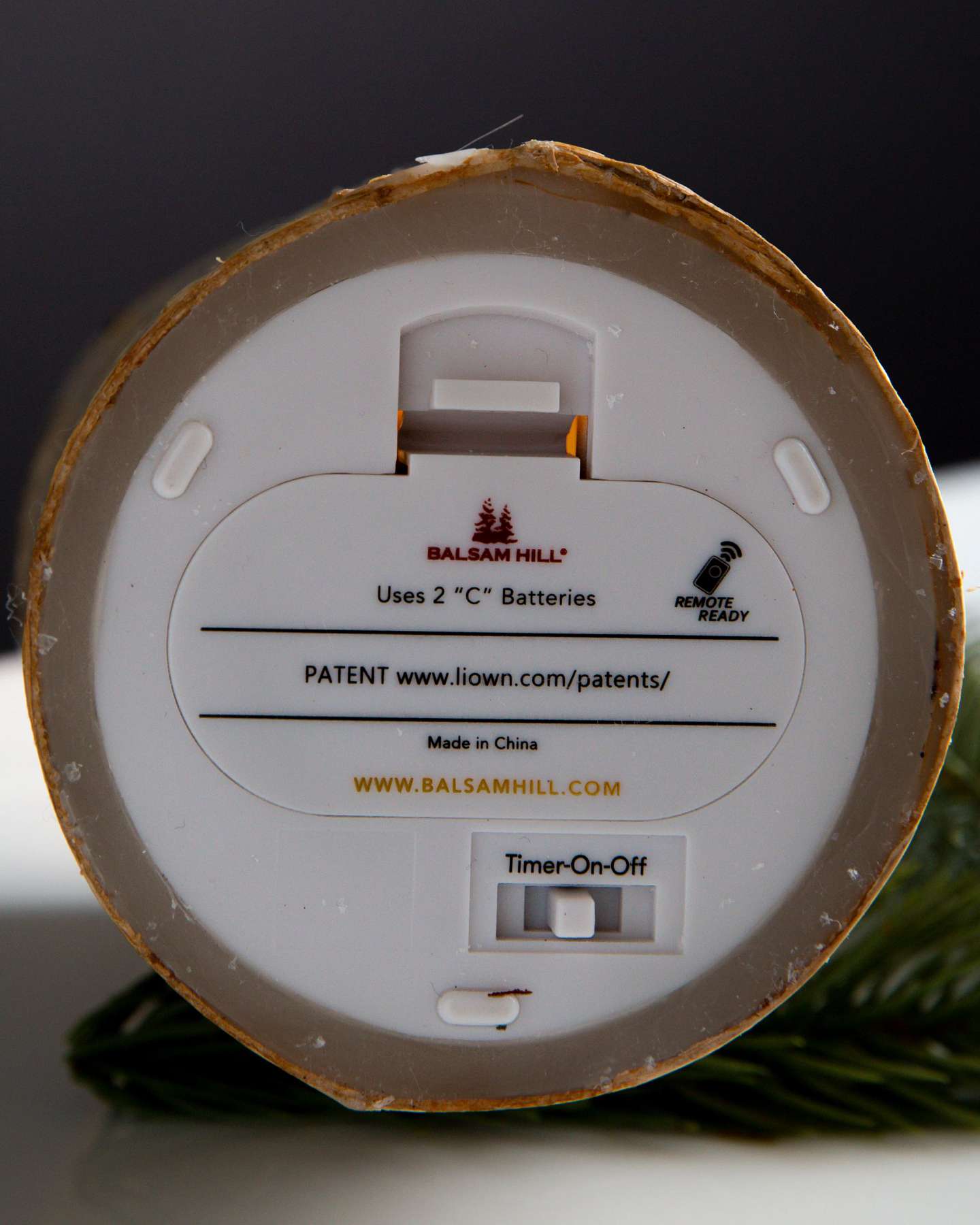 Balsam Hill Miracle Flame LED Birch Candle Battery Compartment Close-Up Showing Power Feature