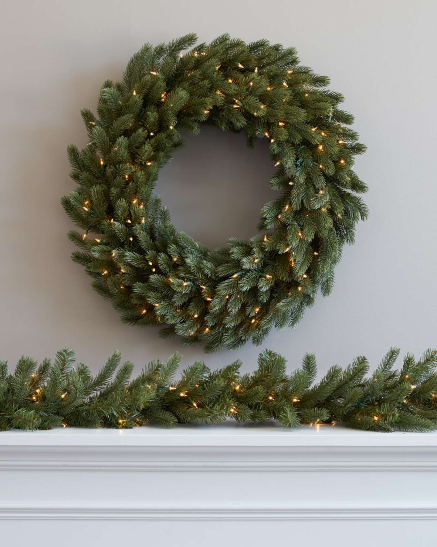 Balsam Hill Vermont White Spruce Artificial Christmas Wreath and Garland LED Clear in Holiday Living Room