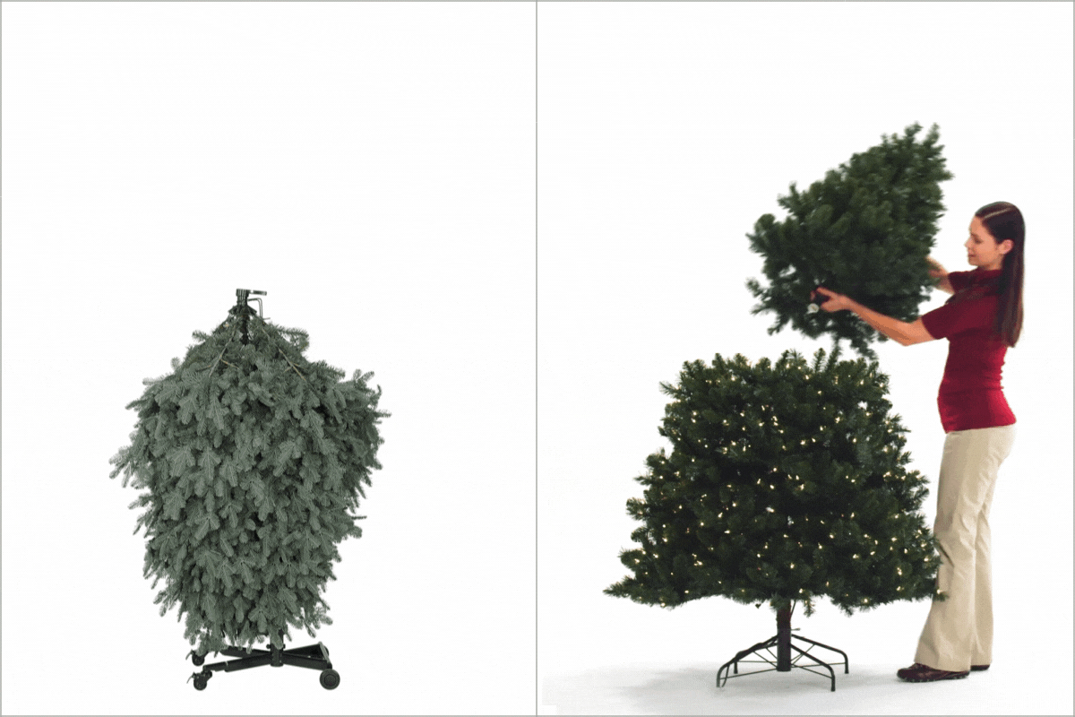 An animated GIF showing a Balsam Hill Flip tree (left) and Easy Plug tree (right)