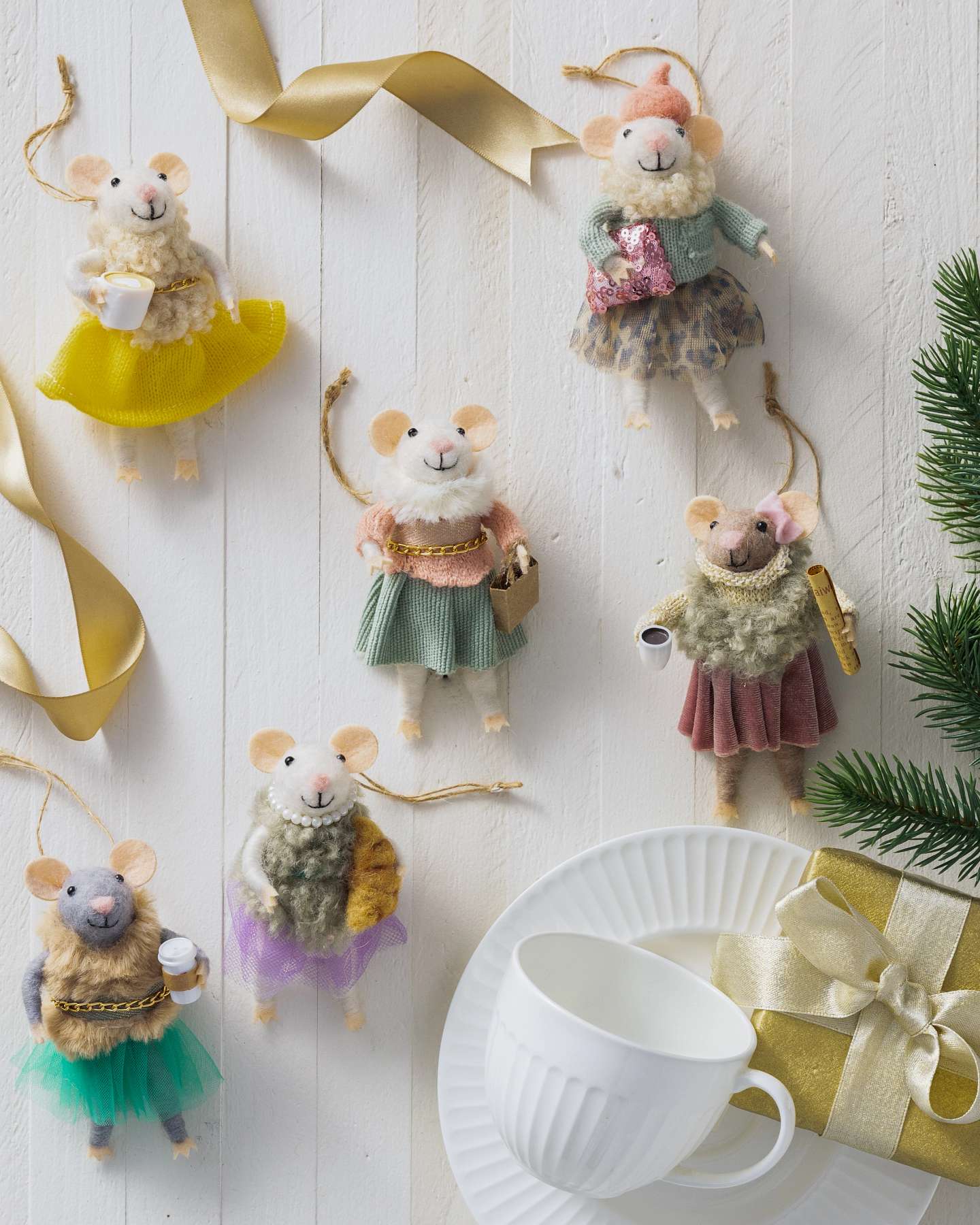 Balsam Hill Latte Ladies Mice Felt Christmas Ornament Set of 6 in Various Outfits Holding Accessories