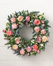 Artificial flower wreath with pink cottage roses
