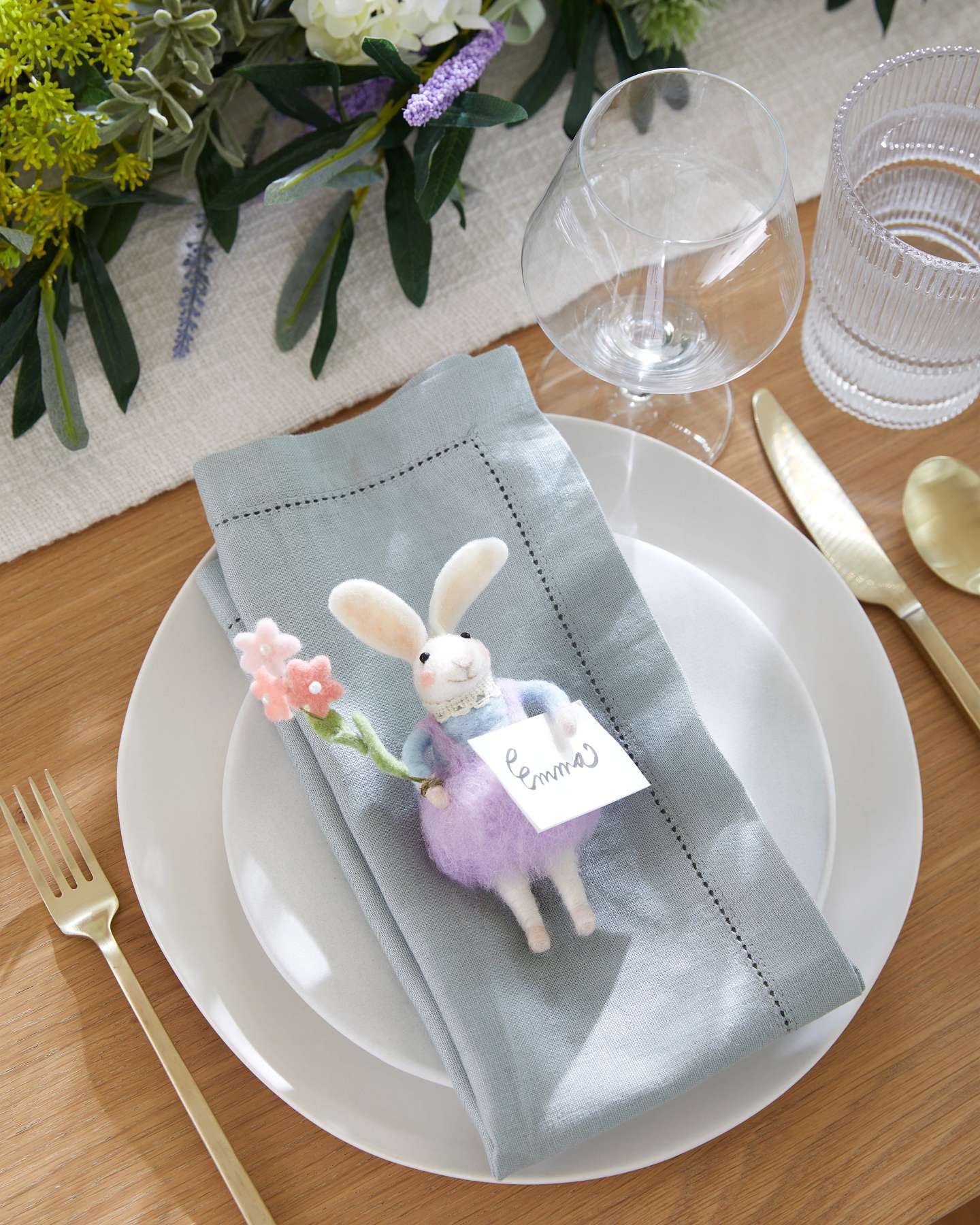 Balsam Hill Bunnies and Blooms Felt Christmas Ornament Set Dining Table Setting