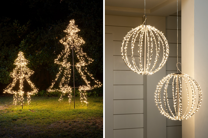 A collage of photos showing lighted wire trees and orbs