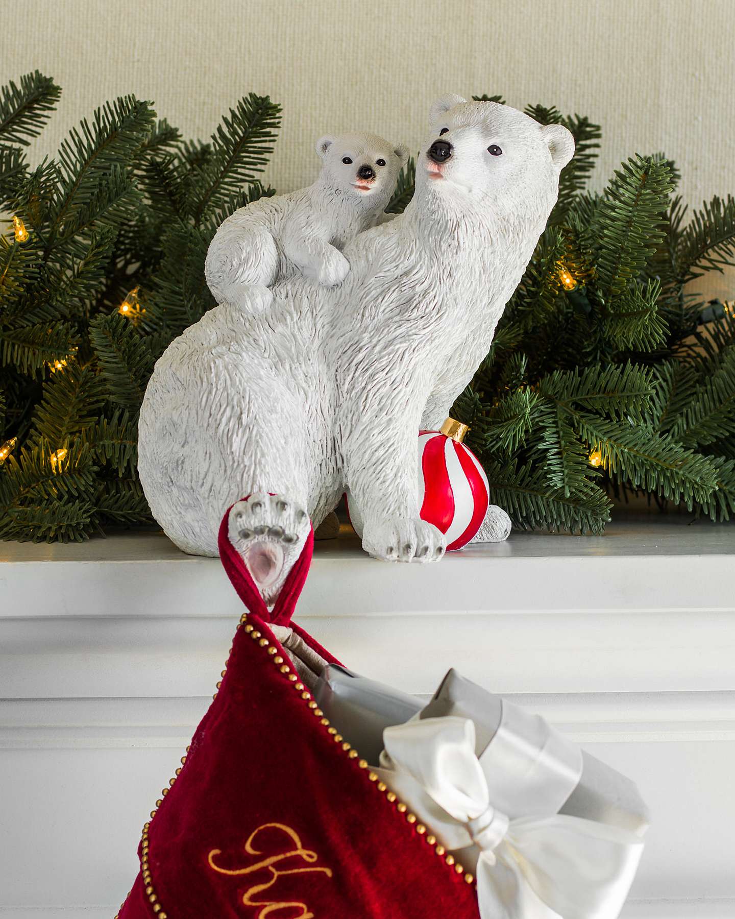 Balsam Hill Mama and Cub Polar Bear Family Christmas Stocking Holder Closeup