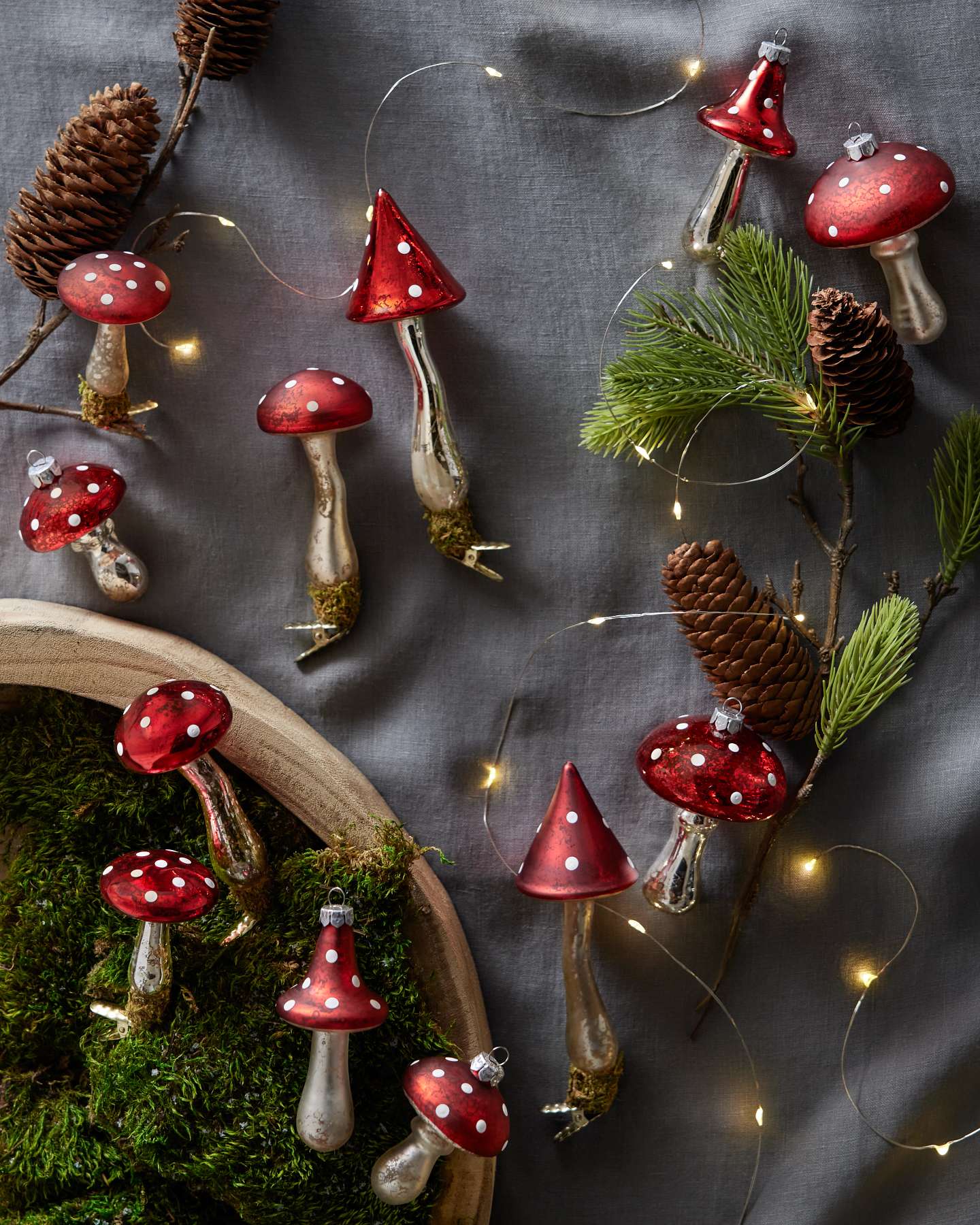 Balsam Hill Red Woodland Glass Mushroom Christmas Ornament Set of 12 Display