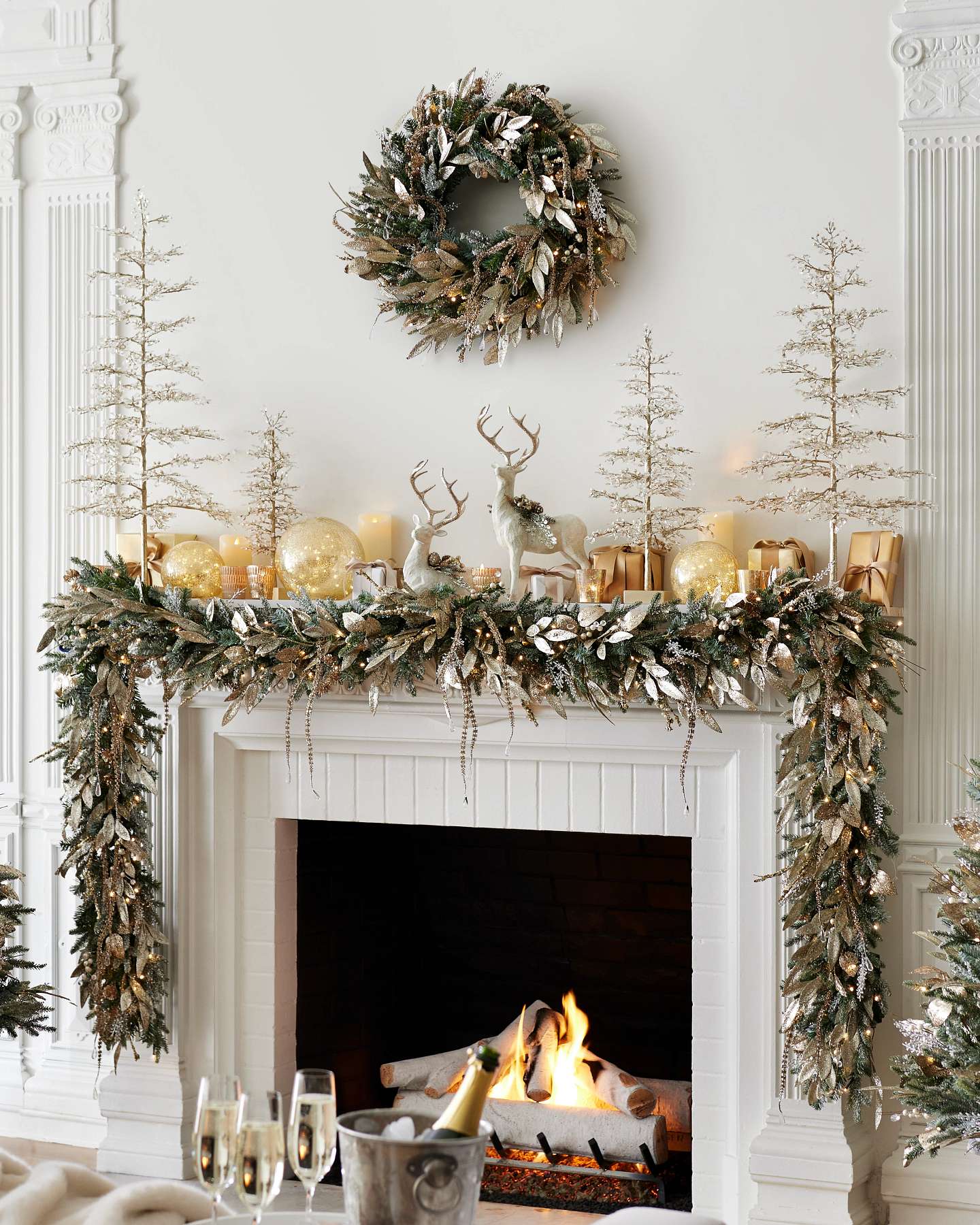 Balsam Hill Glowing Mercury Glass Orbs Lifestyle Display Near a Fireplace