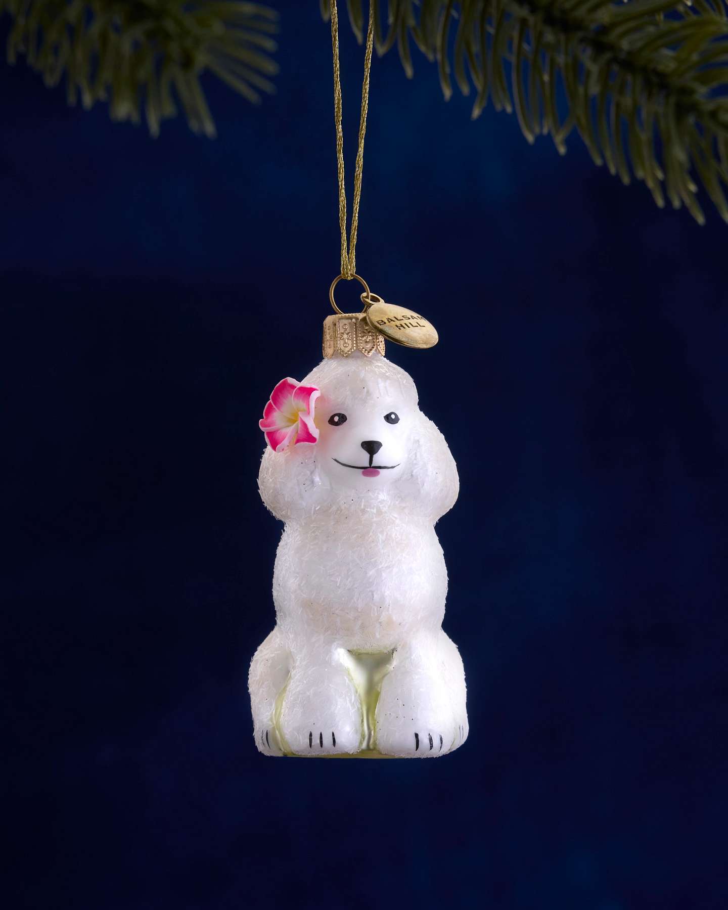 Balsam Hill Studio White Poodle with Plumeria Ornament