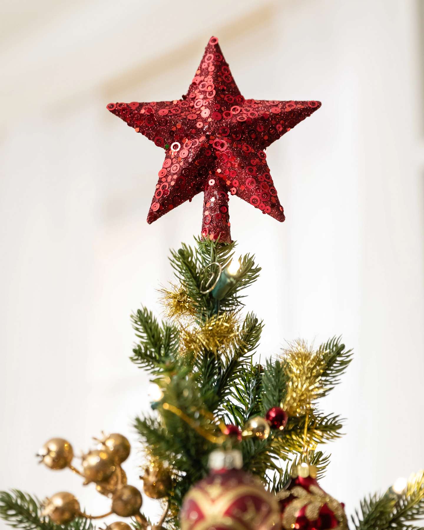 Balsam Hill 3-Foot Brilliant Bordeaux Decorated Artificial Christmas Tree Kit Tree Topper Closeup