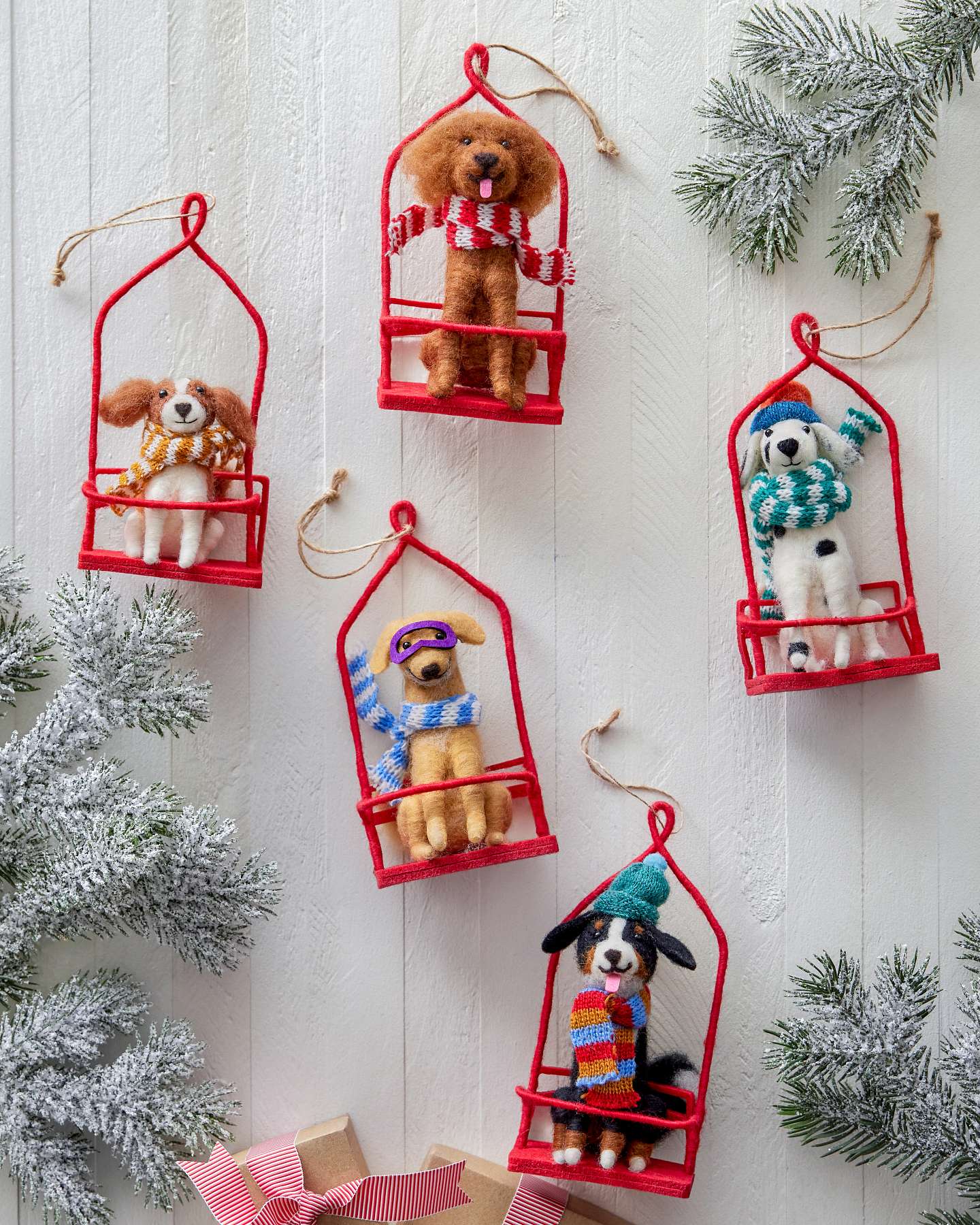 Balsam Hill Alpine Adventure Dogs Felt Ornaments Set of 5 Display