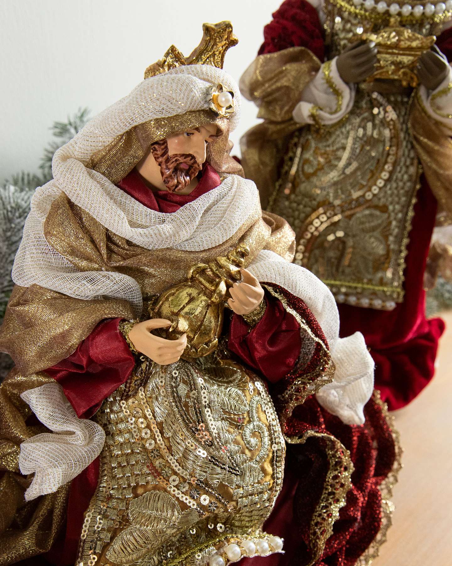 Balsam Hill Burgundy and Gold Nativity Scene Set of 6 Wise Man Closeup