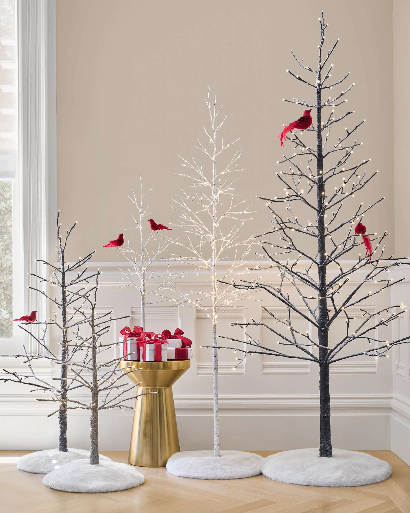 Balsam Hill Feathered Flock Christmas Ornament Set Lifestyle Display on Twig Trees