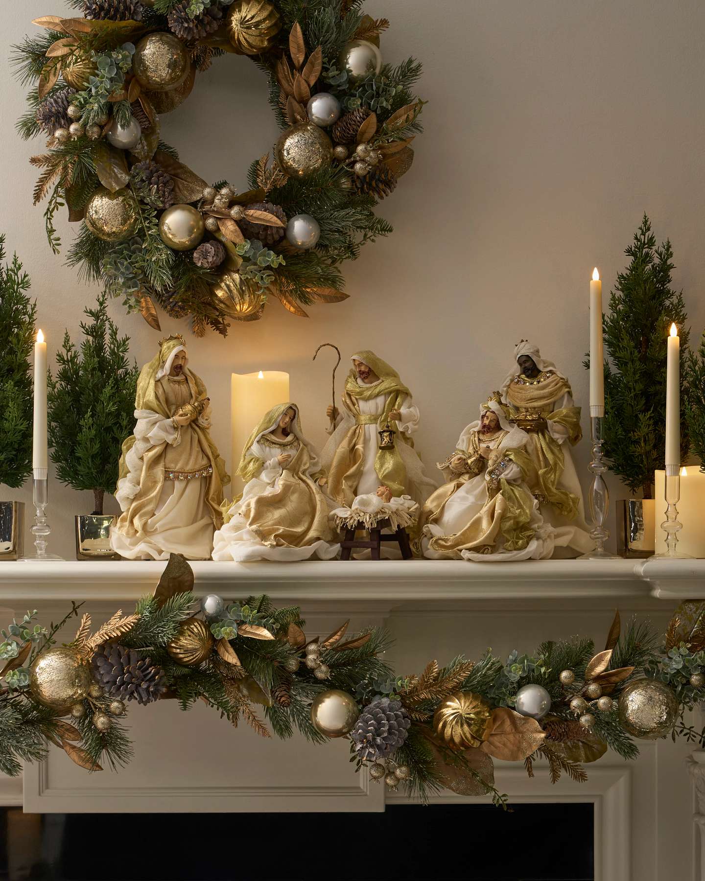 Balsam Hill Classic Nativity Set Lifestyle Display With Artificial Foliage