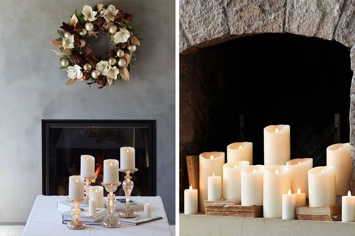 Collage of fireplace decorated with candles