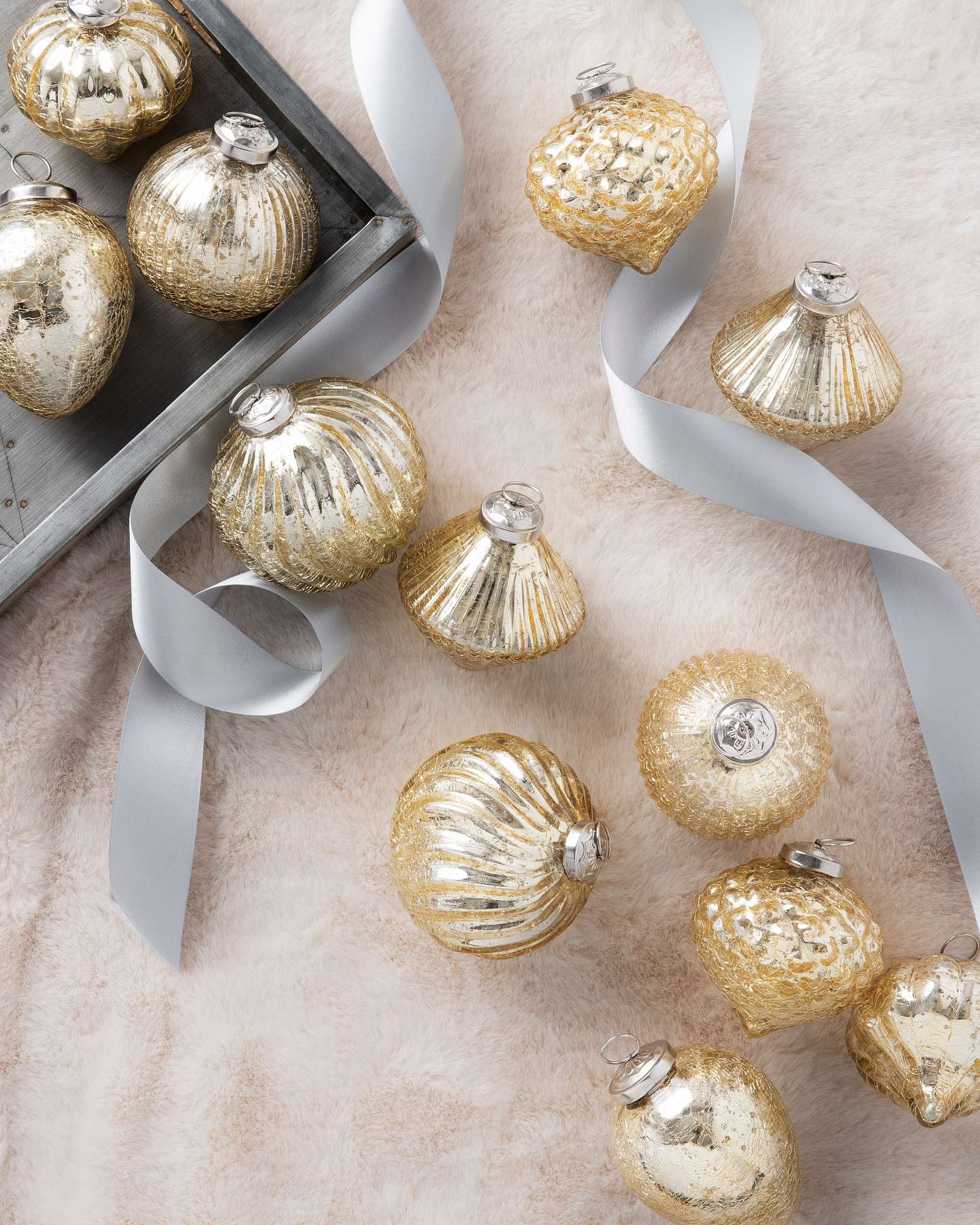 Balsam Hill Essentials Gold Mercury Glass Christmas Ornament Set of 12 with Ribbon Accent