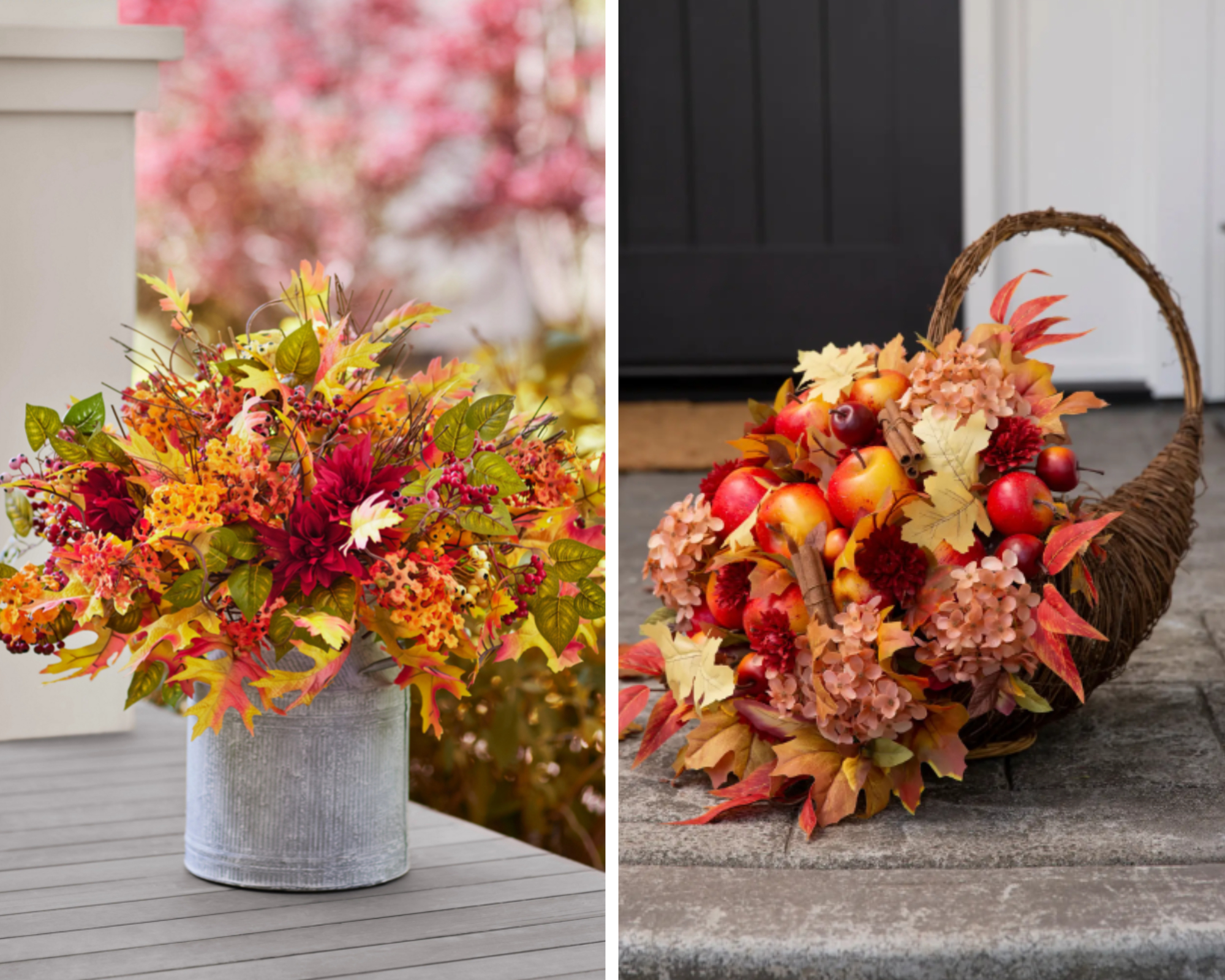 Collage of fall arrangements for porch and patio