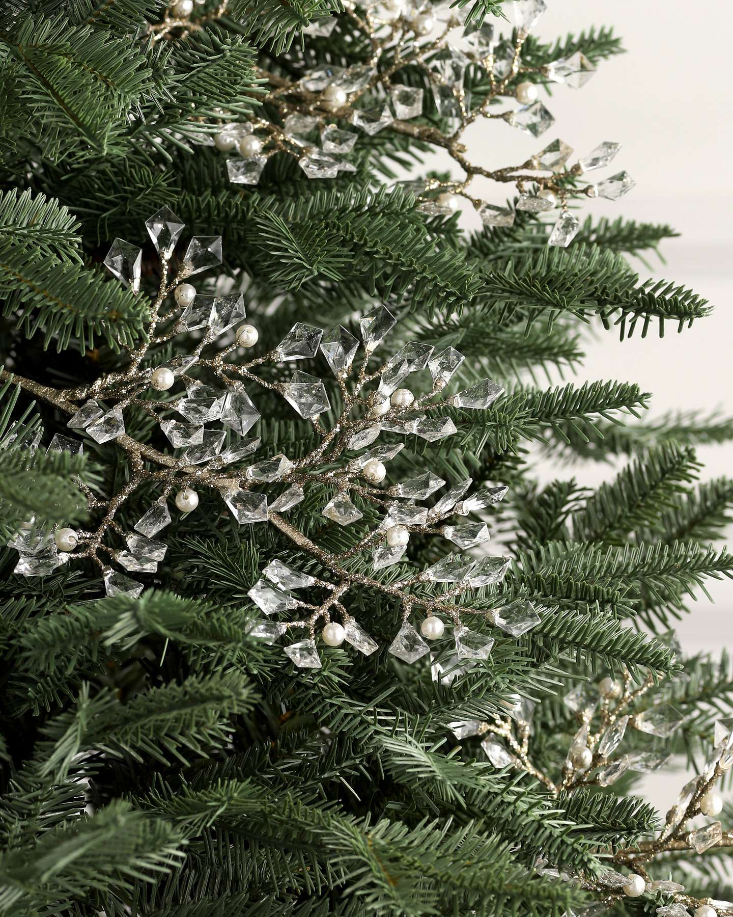 Balsam Hill Crystal and Pearl Champagne Artificial Christmas Tree Picks Set of 3 Tree Display Closeup