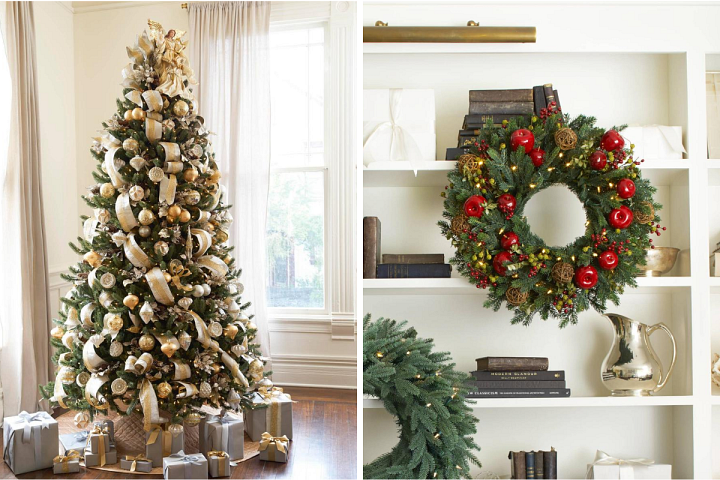 Balsam Hill’s Silver and Gold Glass Bauble Set on a Christmas tree and Norway Spruce Festive Foliage hanging from a shelf