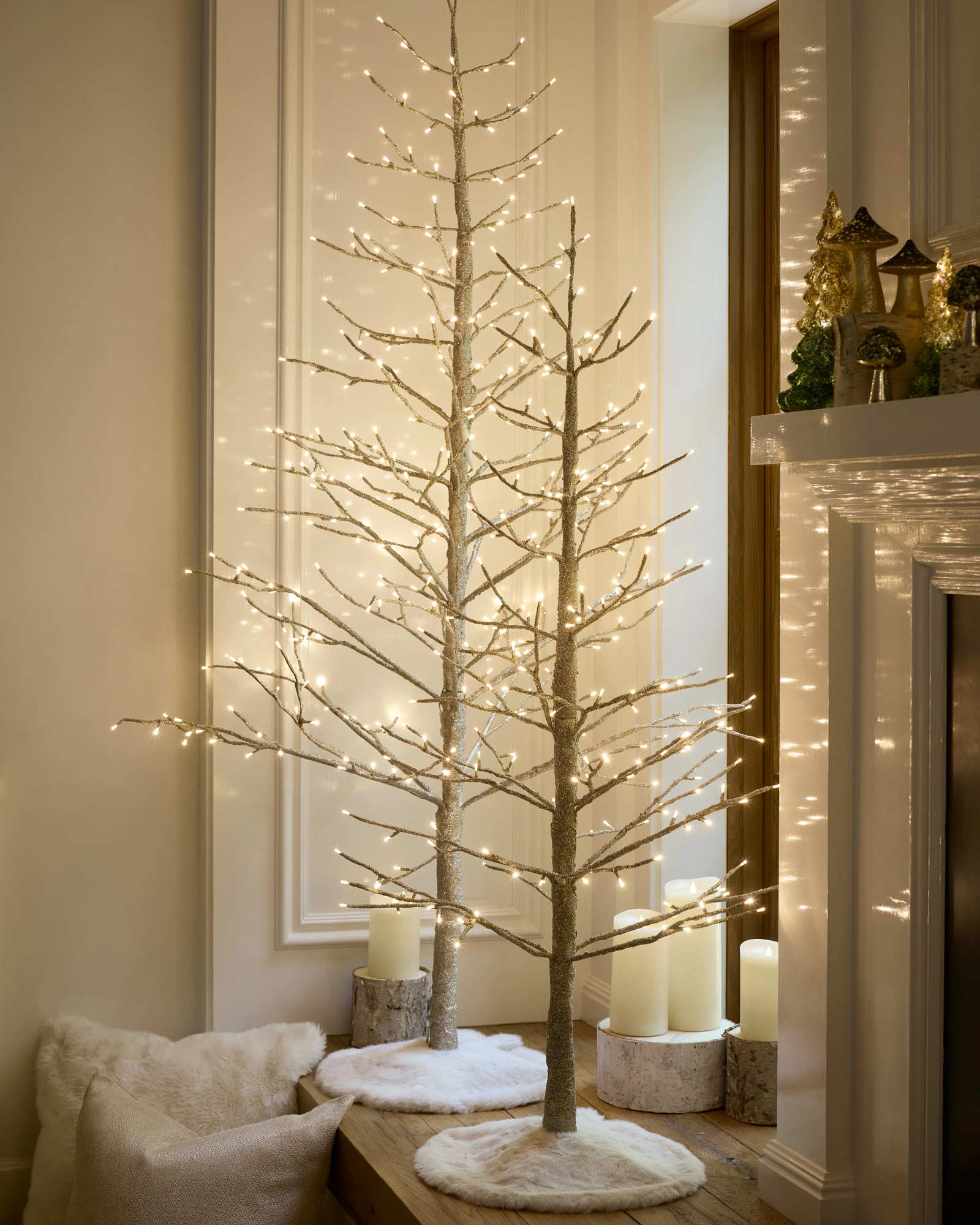 Lit Champagne Glitter LED Trees