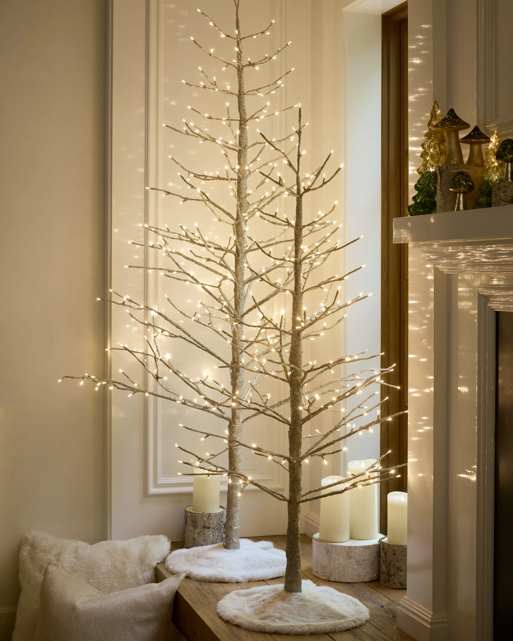 Lit Champagne Glitter LED Trees
