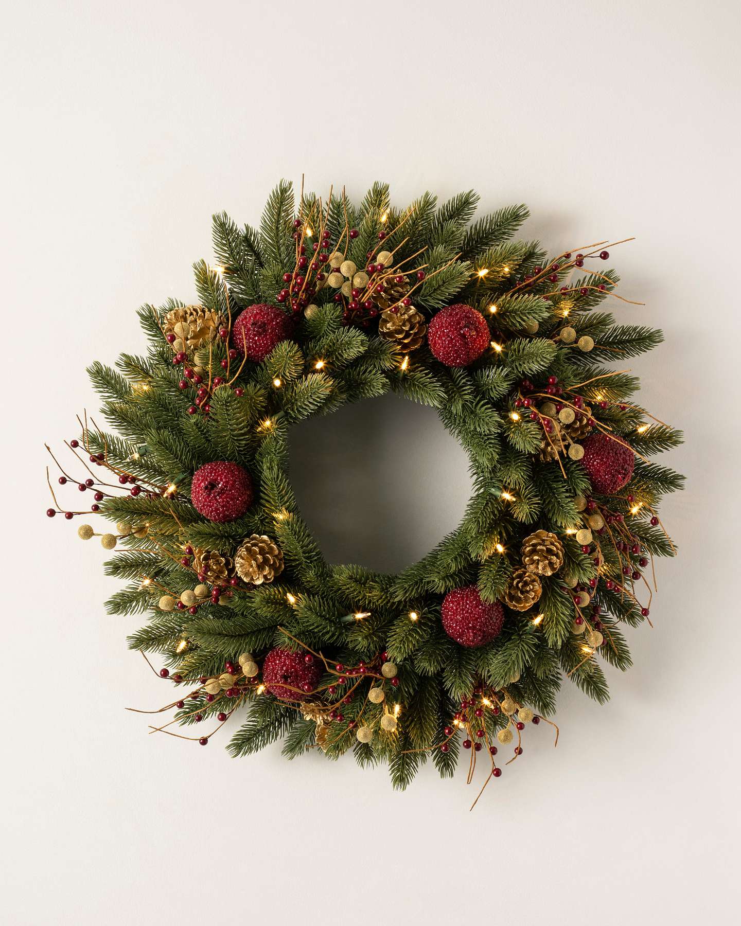 Balsam Hill Vermont White Spruce Bordeaux Artificial Christmas Wreath 26-Inch LED Clear Closeup