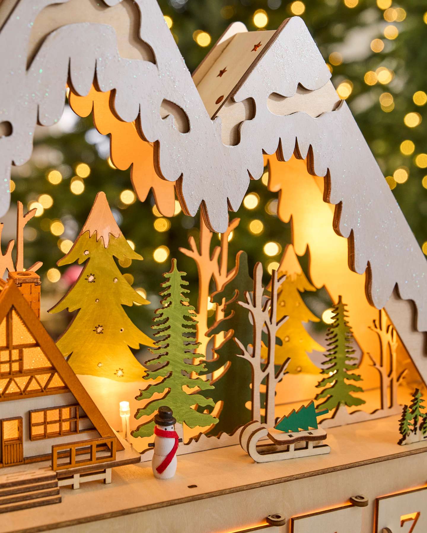 Lit Wooden Snowy Cabin Advent Calendar
