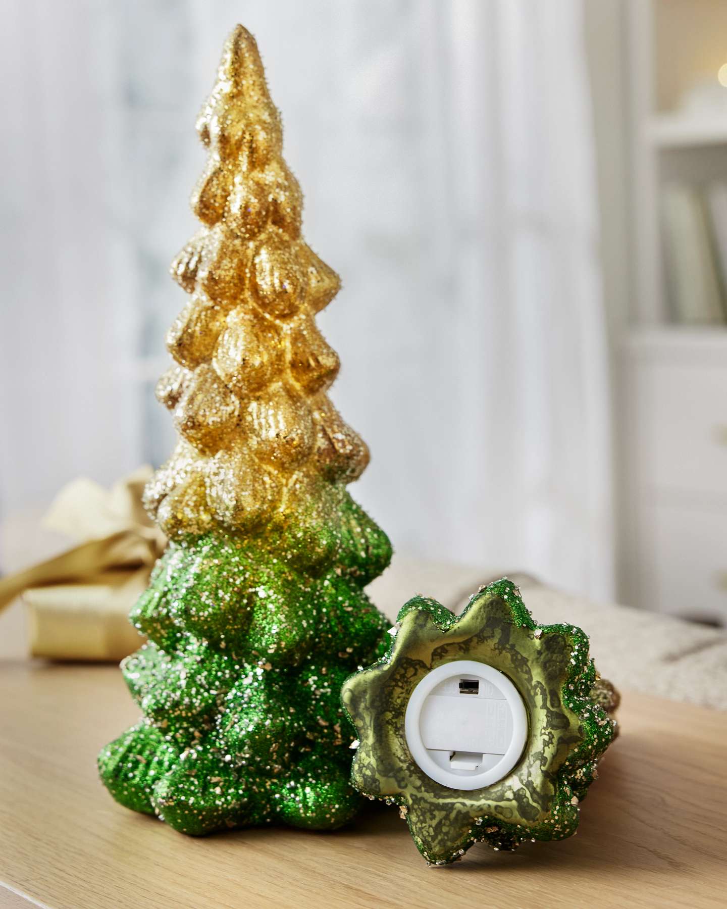 Balsam Hill Gold and Green Lit Tabletop Glass Christmas Trees Set of 2 Closeup