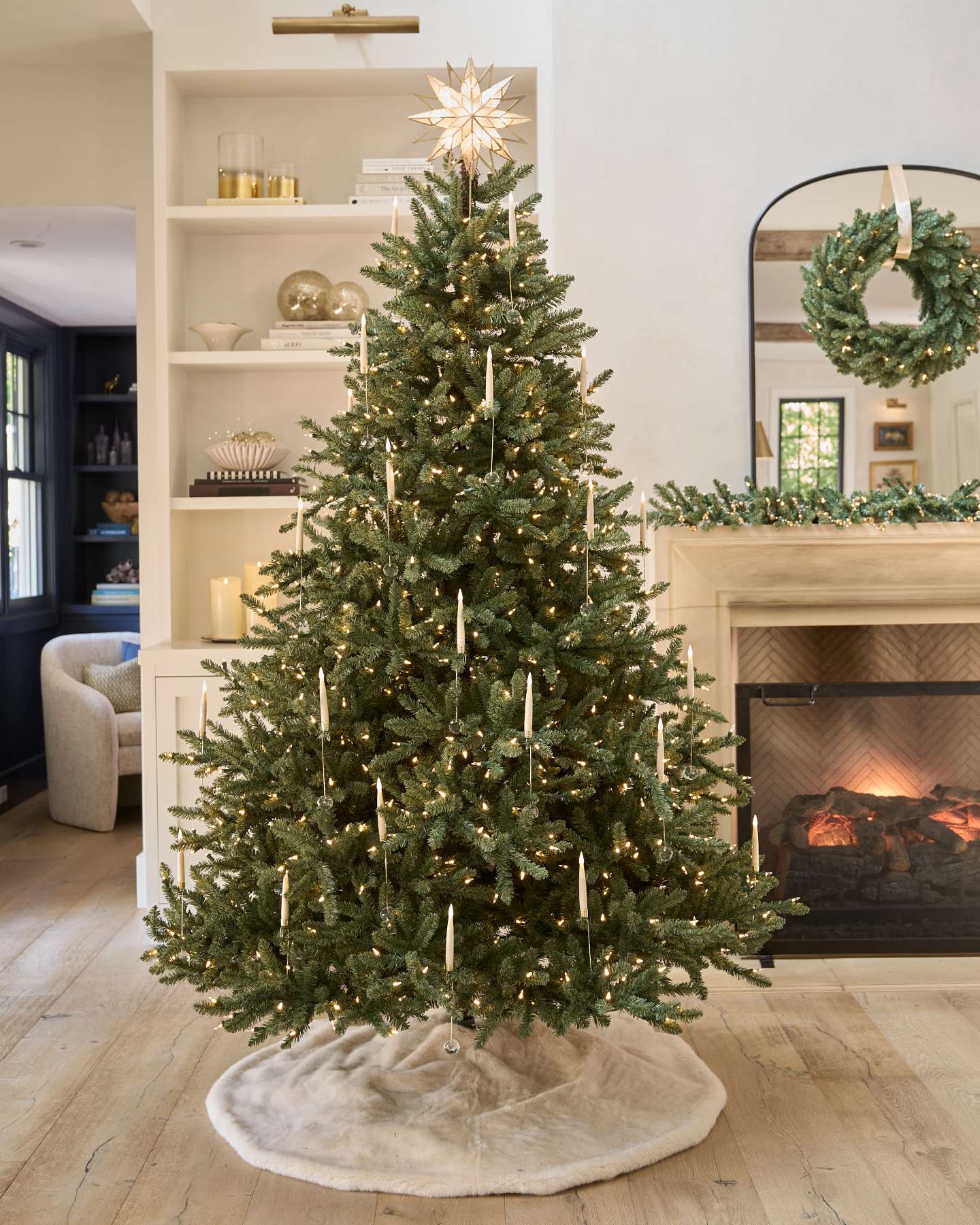 Balsam Hill Classic Blue Spruce Artificial Christmas Tree Lifestyle Fireplace Display