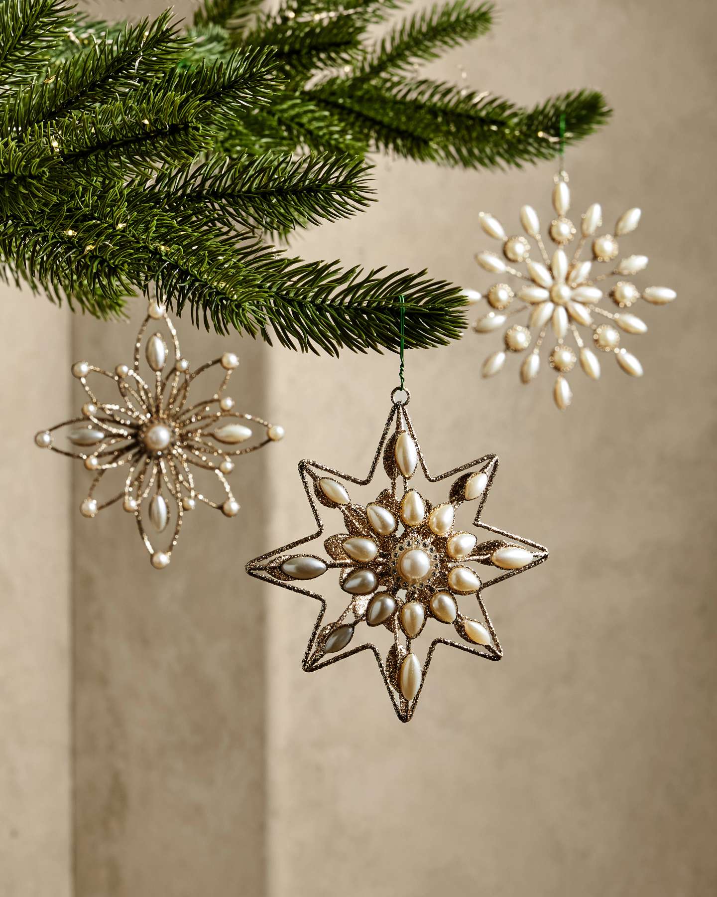 Balsam Hill Pearl Studded Star Artificial Christmas Ornament Set of 12 Close-Up