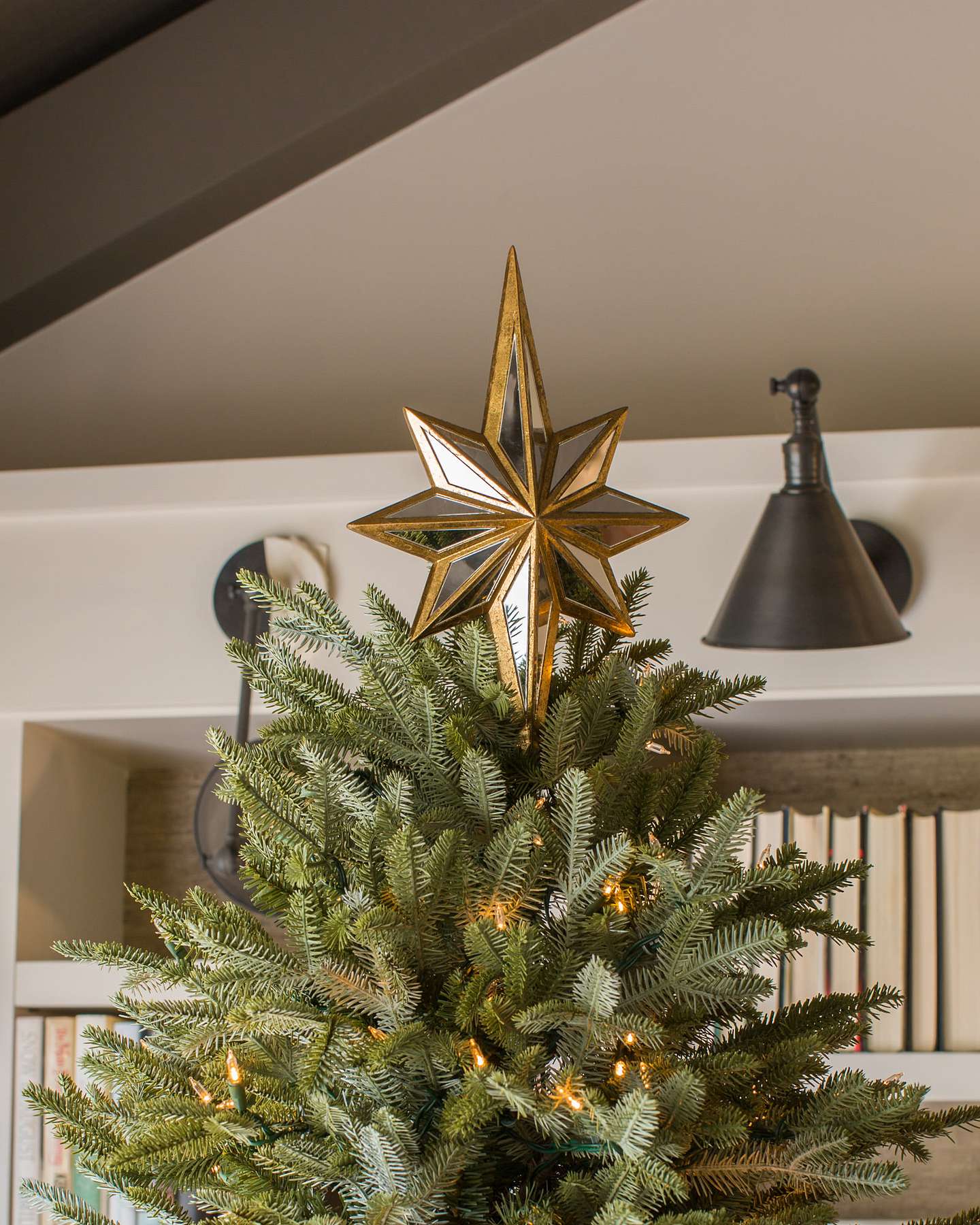 Balsam Hill Double Sided Mirrored Star Artificial Christmas Tree Topper Lifestyle Display Closeup
