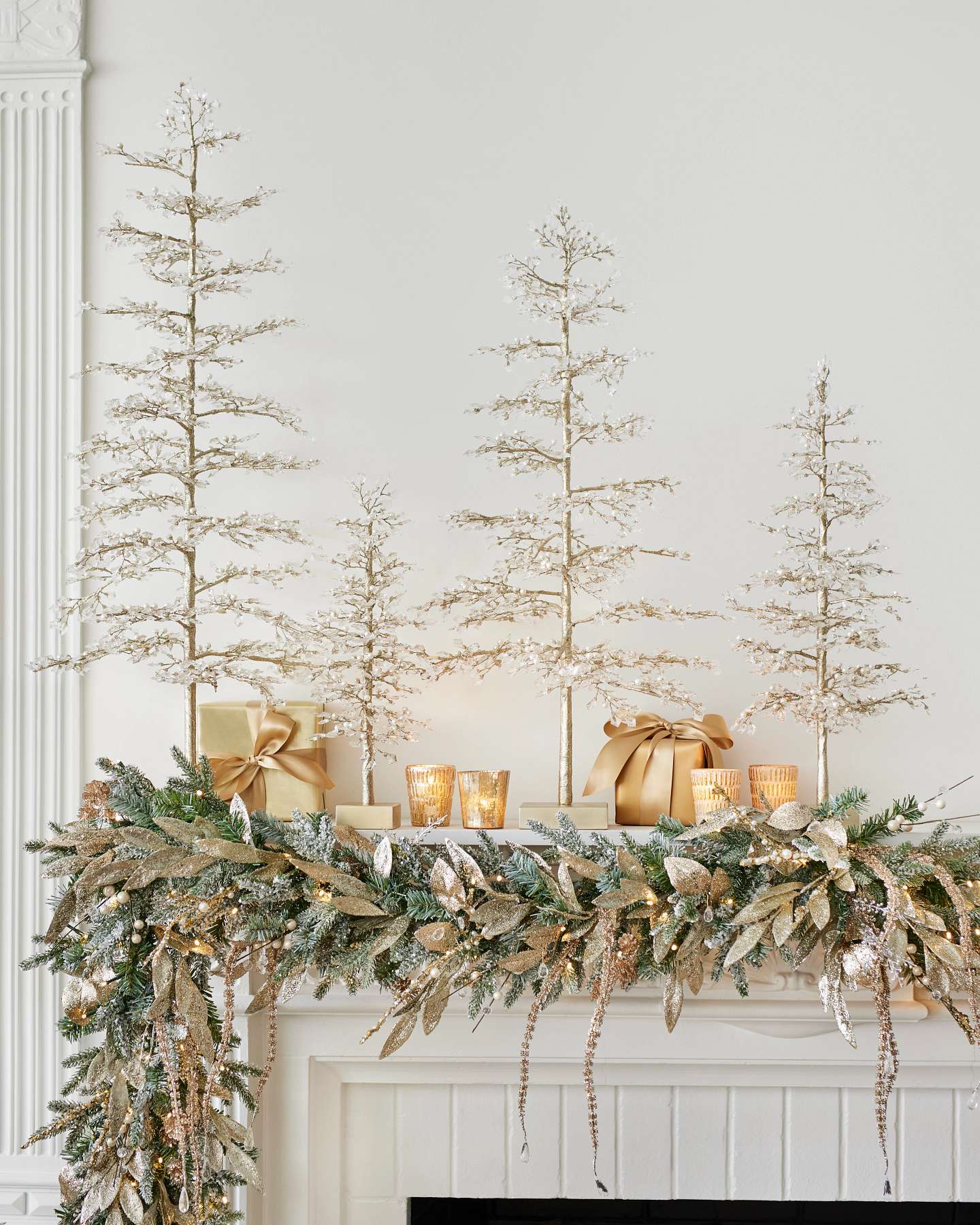 Balsam Hill Crystal and Pearl Champagne Artificial Christmas Tree Lifestyle Display with Artificial Christmas Garland