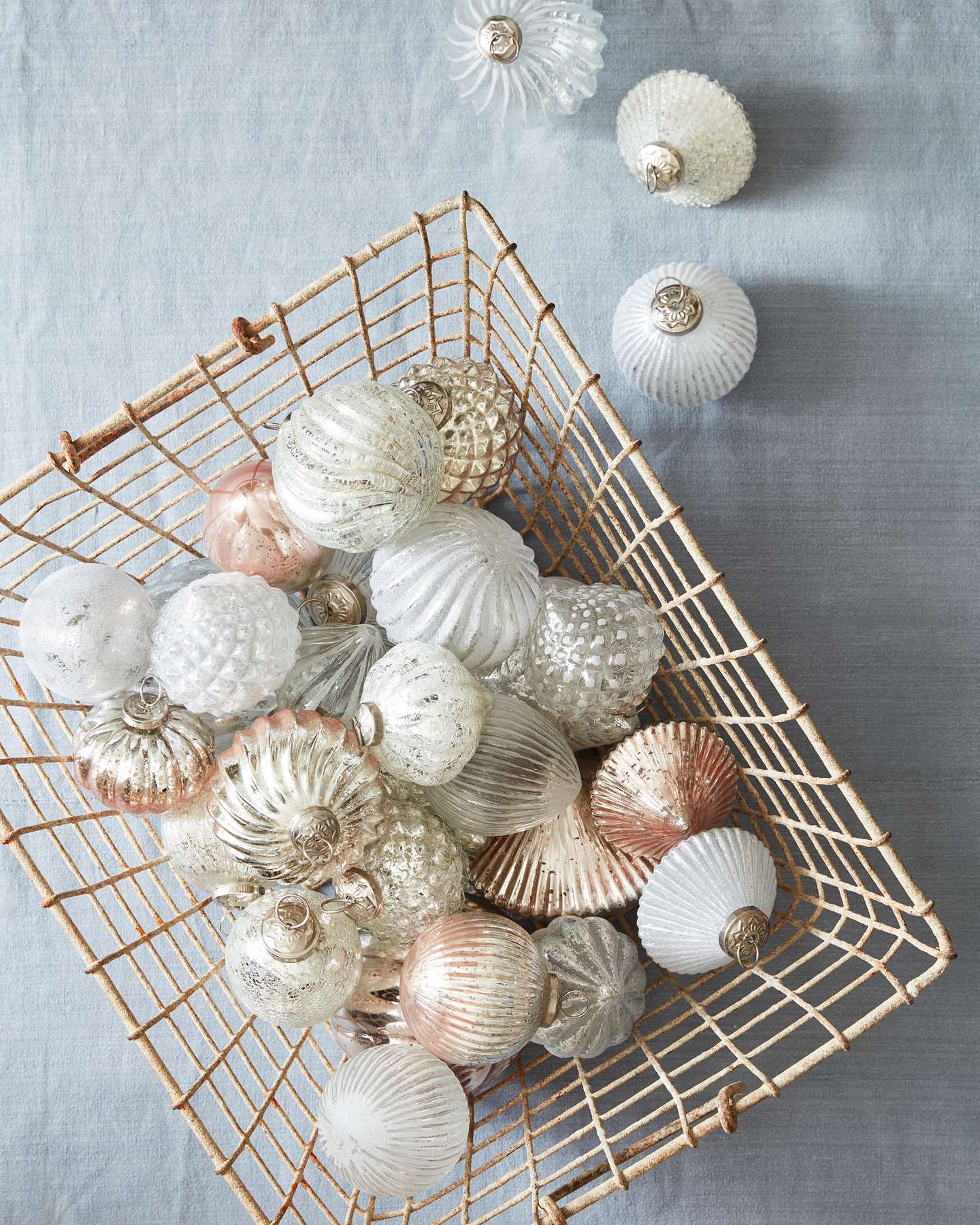 Balsam Hill French Country Christmas Ornament Set of 12 Lifestyle Basket Display