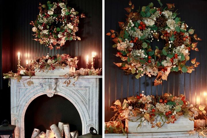 Mantel decorated with colorful fall greenery, logs, pumpkins, and candles