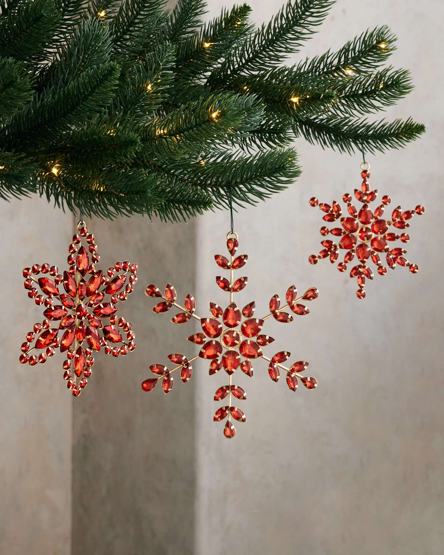 Red Rhinestone Snowflake Ornaments, Set of 12