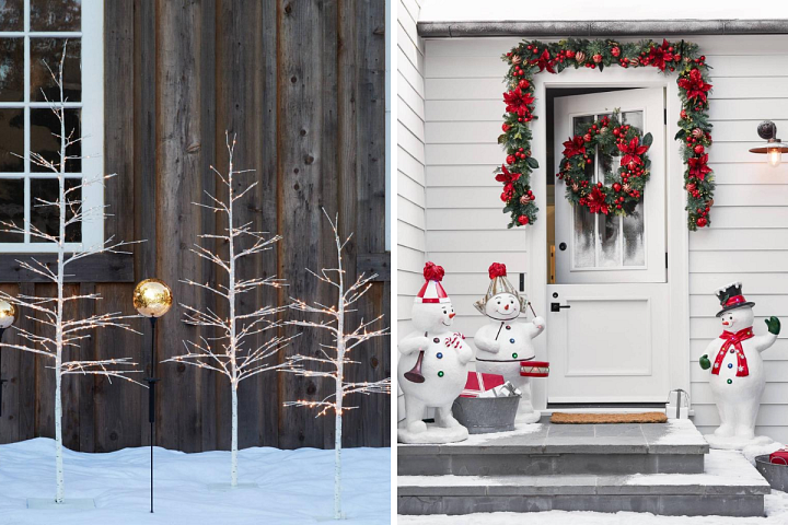 Front porches decorated with Balsam Hill’s Winter Birch Twig Tree and Outdoor Festive Poinsettia Foliage