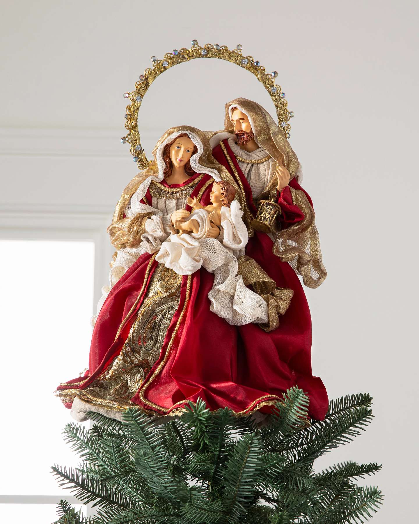 Décoration pour cime de sapin de Noël, Sainte-Famille, bourgogne, 16 po