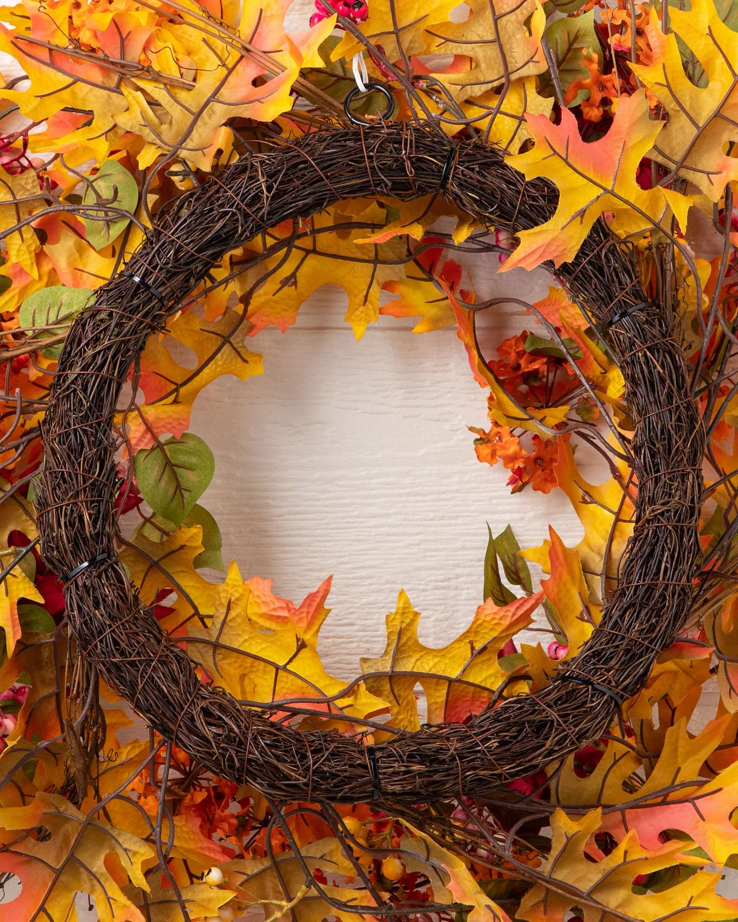 Balsam Hill Outdoor Harvest Bloom Wreath Close-Up with Autumn Leaves and Berries