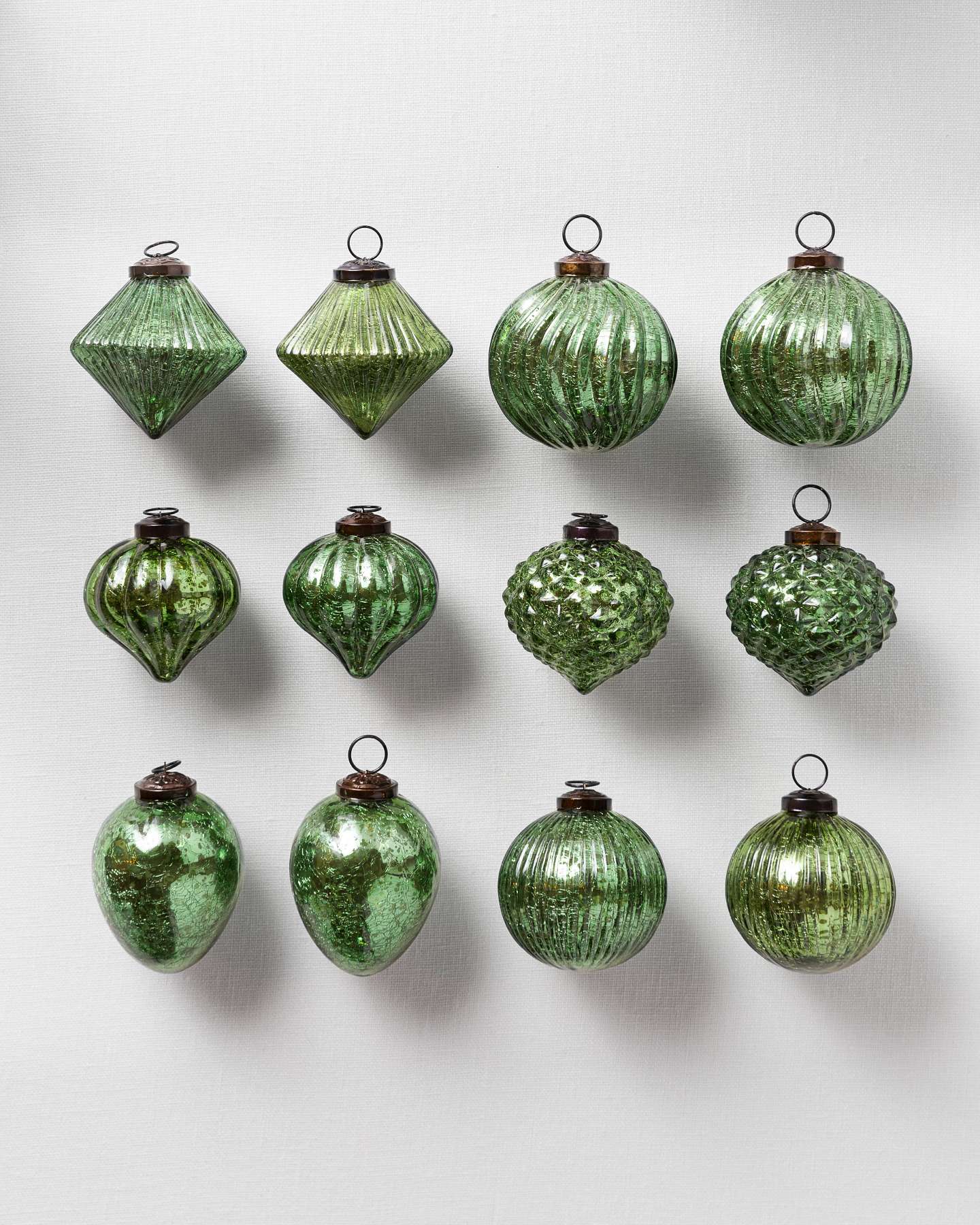 Balsam Hill Green BH Essentials Mercury Glass Christmas Ornaments Set of 12 Showcase