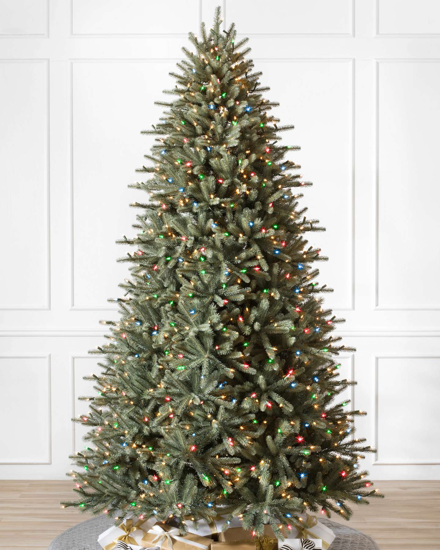 Balsam Hill Blue Spruce Flip Artificial Christmas Tree Closeup with LED Color+Clear Lights Full Display