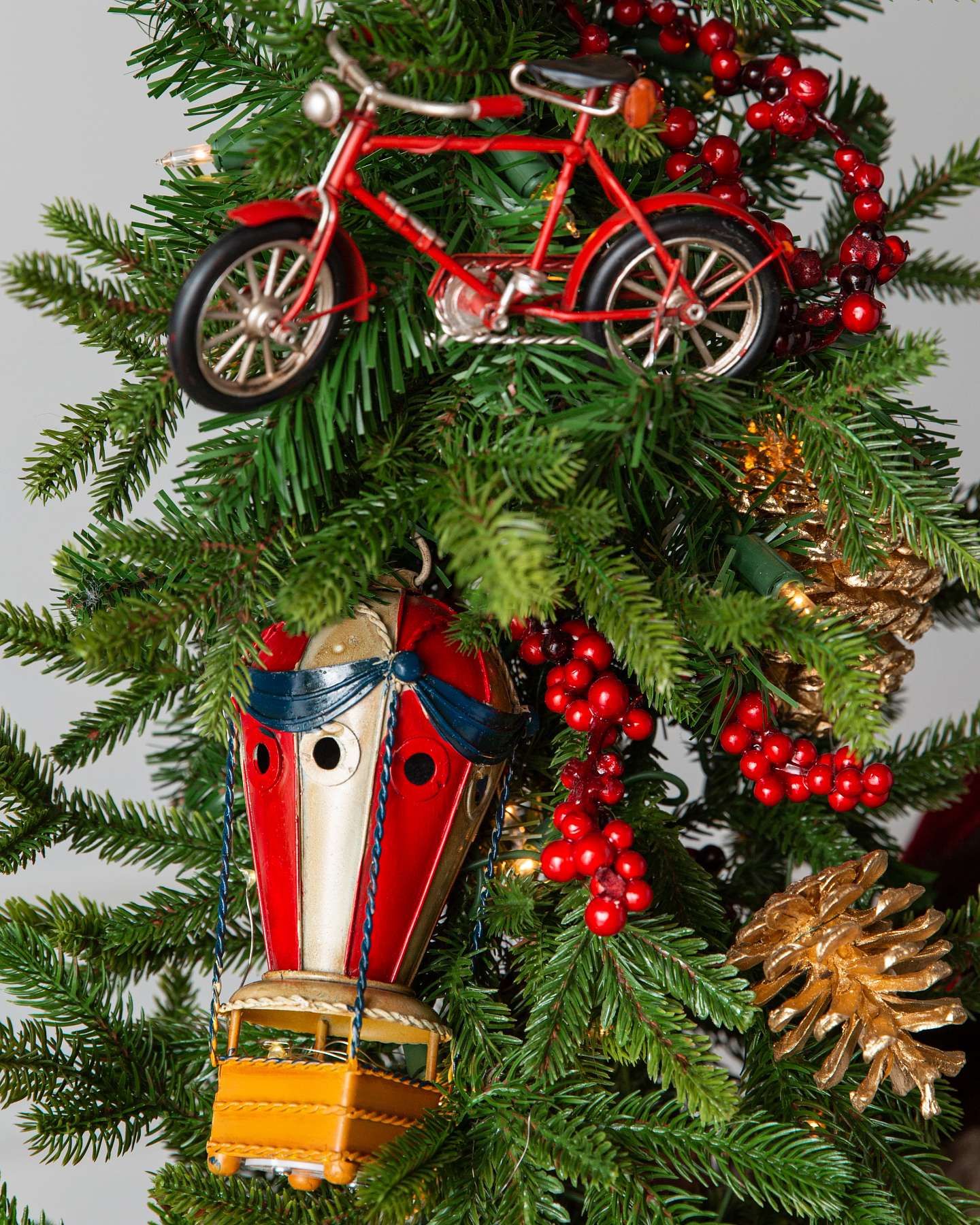 Balsam Hill Holiday Adventure Black Life Size Santa with Black Trim 6 Foot Closeup oif Bike and Balloon Ornaments