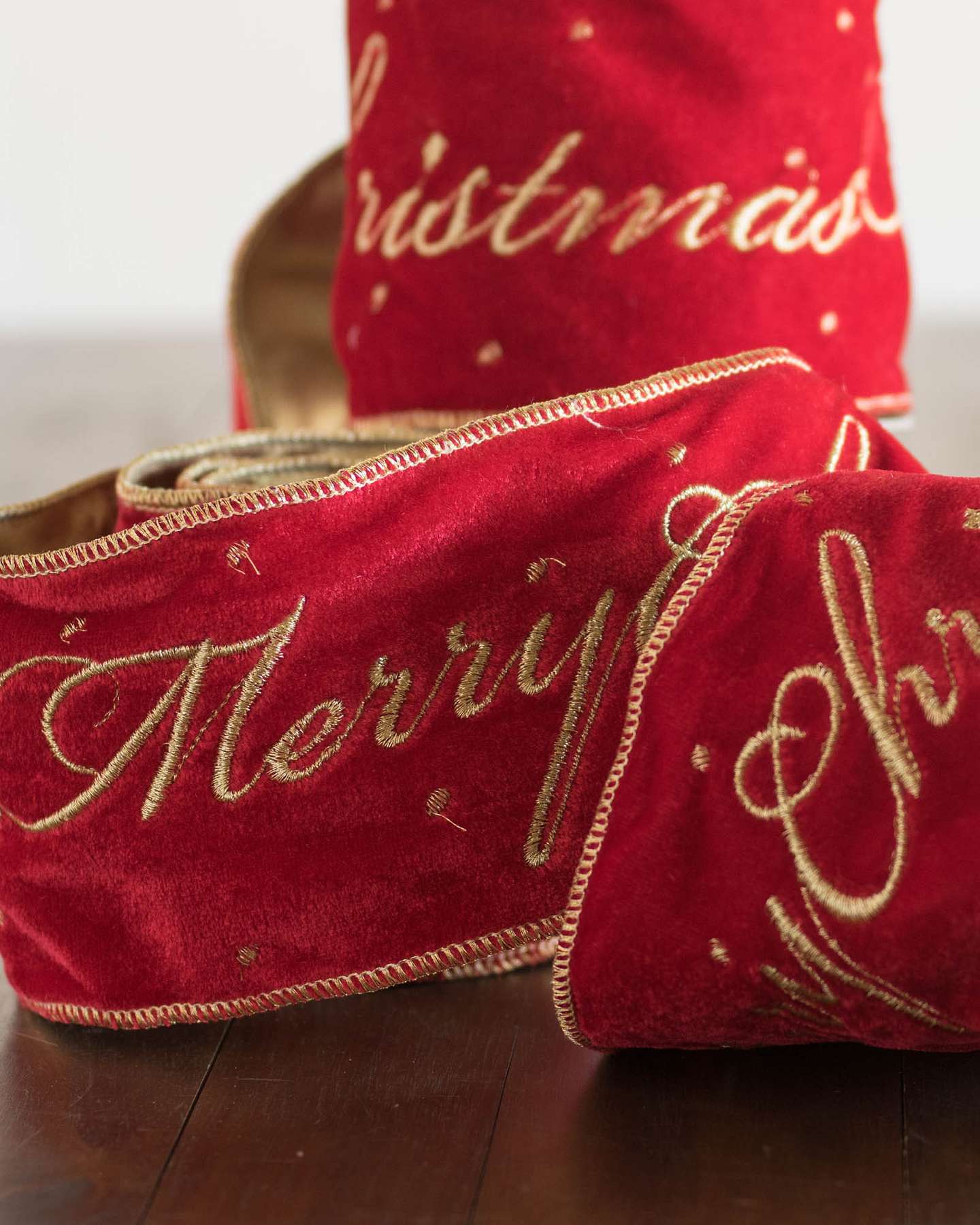 Balsam Hill Merry Christmas Bold Red Artificial Christmas Tree Ribbon Closeup