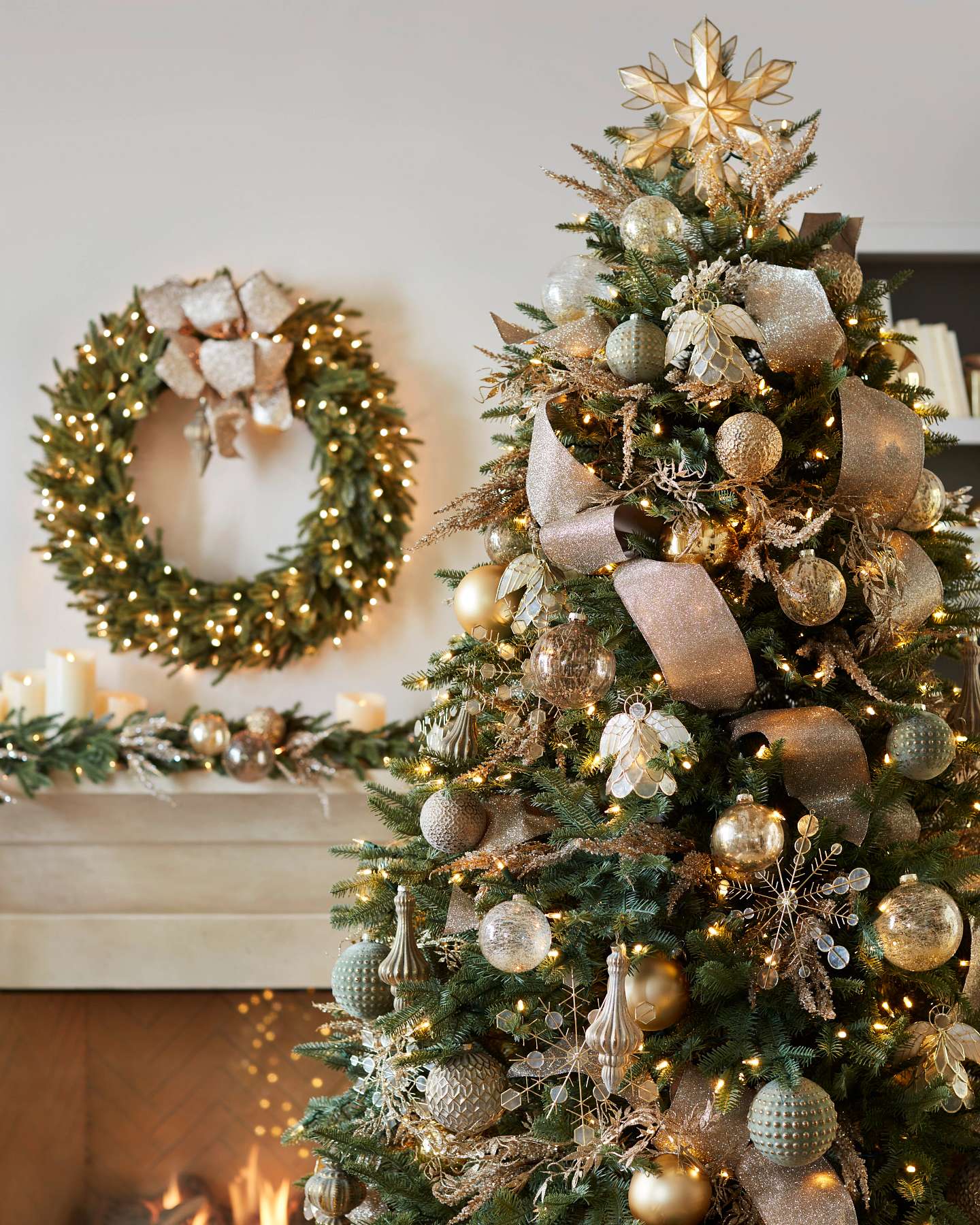Balsam Hill Burnished Metals Christmas Ornament Set Lifestyle Tree Display Closeup