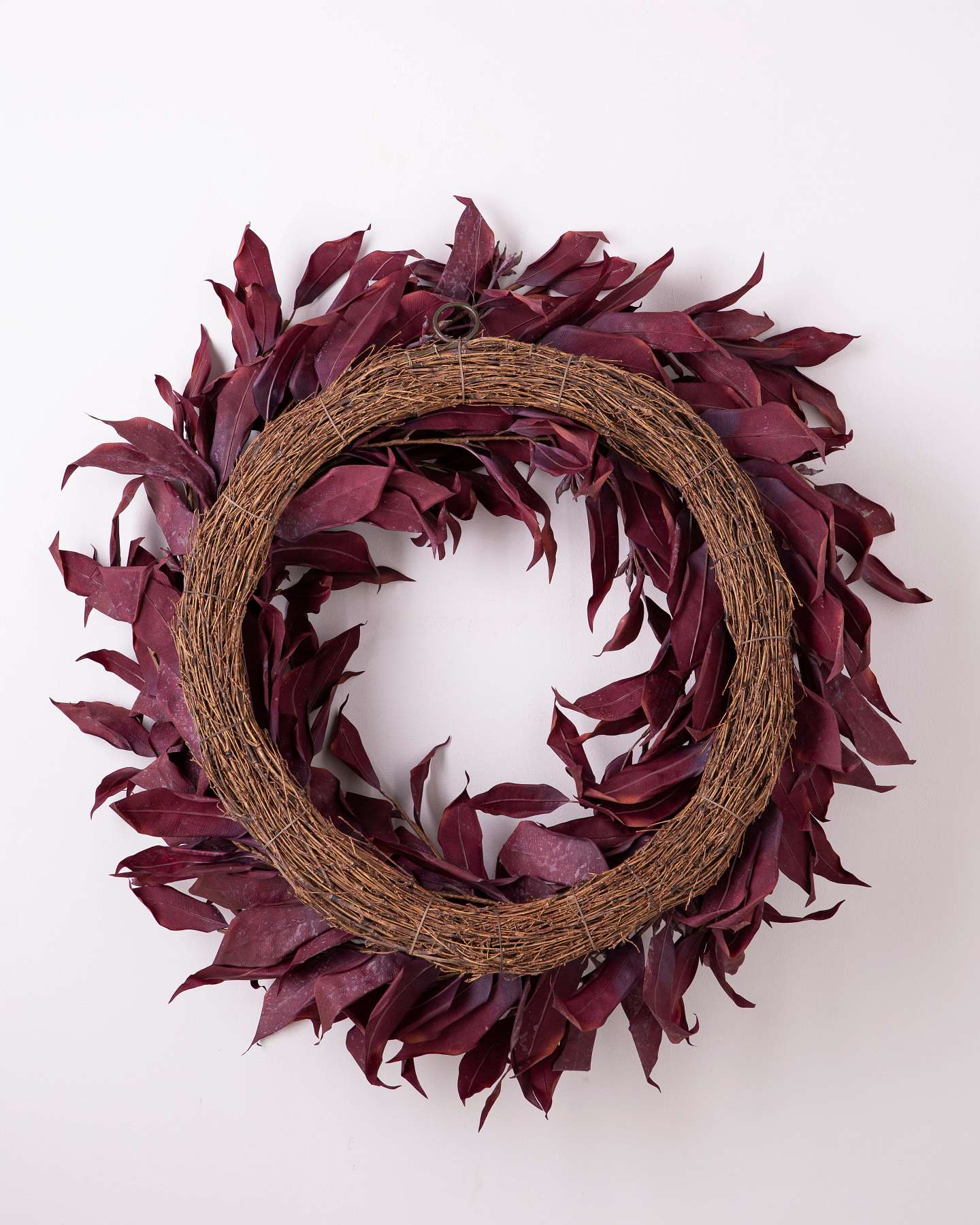 Balsam Hill Burgundy Leaves Artificial Christmas Wreath Unlit Back Closeup